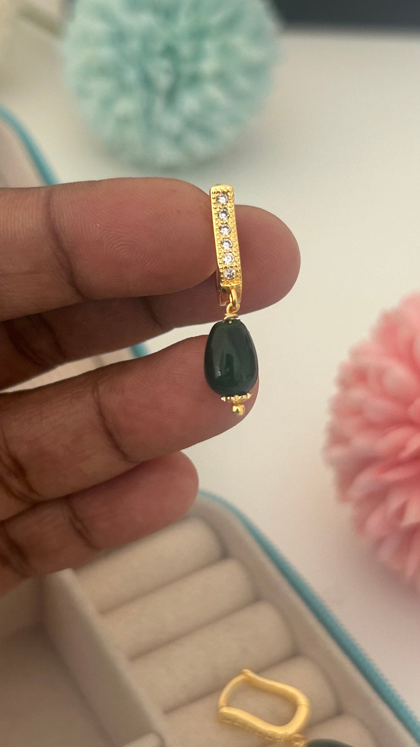 CZ stone Bali with green hanging beads