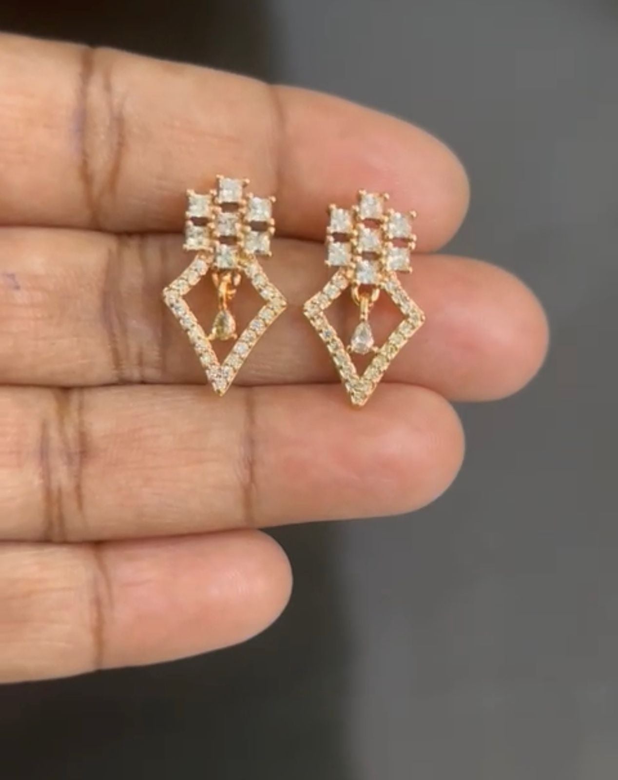 Diamond Drop CZ Earrings – Gold-Plated Geometric Studs with Sparkle