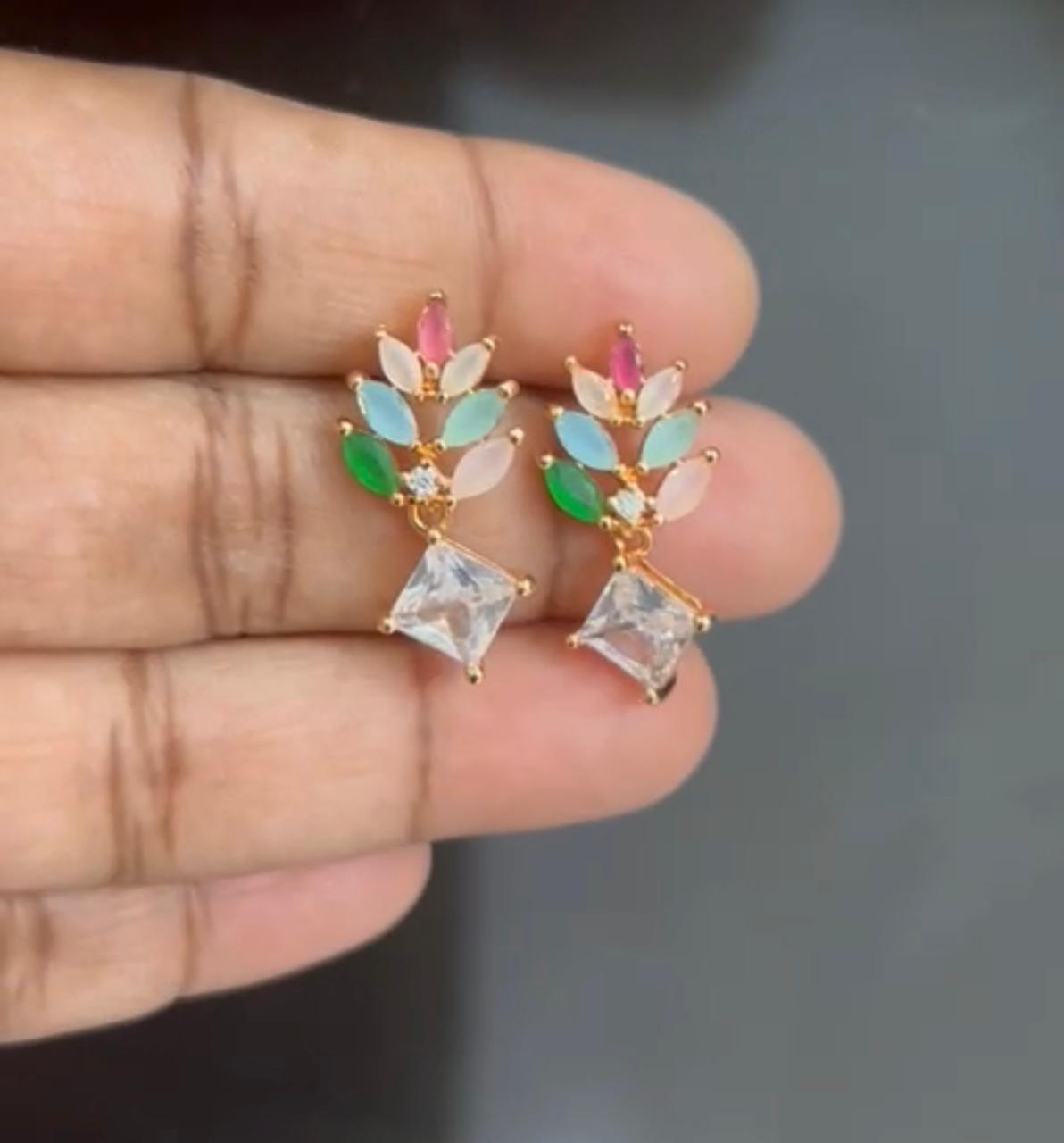 Gem Garden Drop Earrings – Multicolor Leaf Design with Princess-Cut CZ