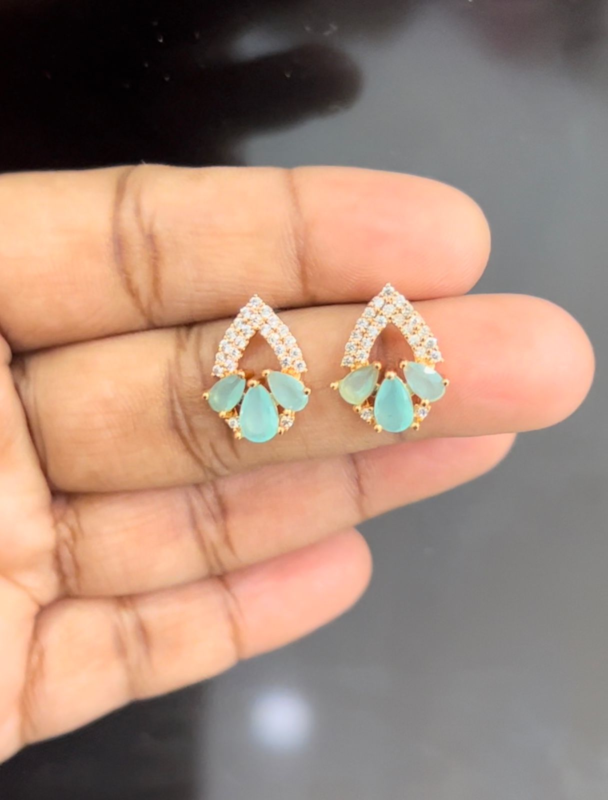 Mint Teardrop Cluster Earrings – Gold-Plated CZ Leaf Frame Studs for Women