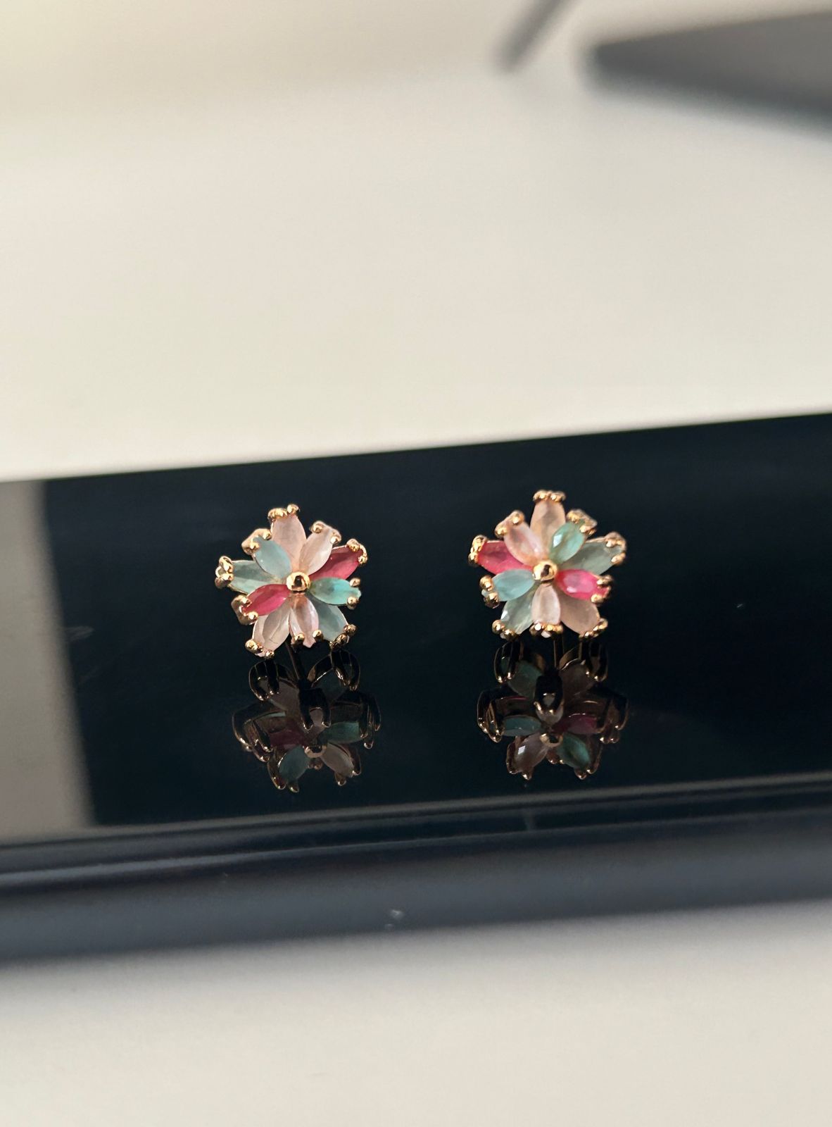 Pastel Blossom Stud Earrings – Multicolor Floral Design Gold-Plated Studs for Women & Girls
