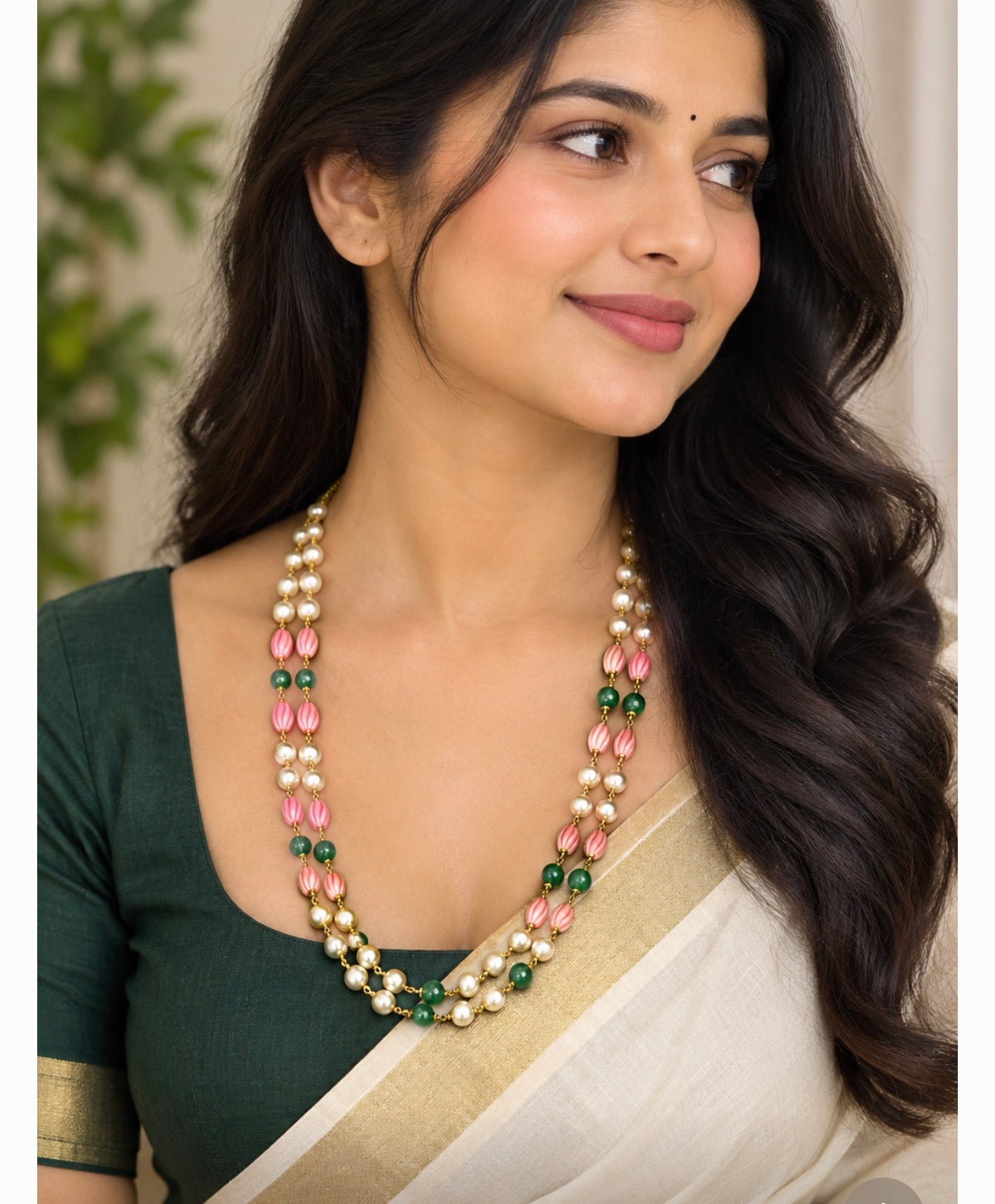 Pink Green Beaded Pearl Double Layer Necklace | Traditional Ethnic Long Necklace for Women