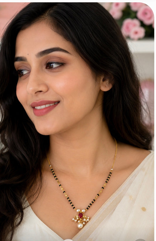 Designer Black Beads Mangalsutra with Ruby kundan Pearl Pendant in 16 to 18 inch