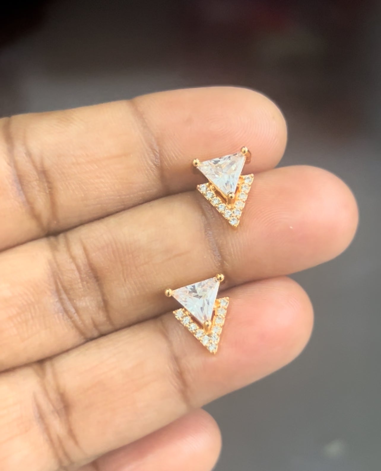Double Triangle CZ Stud Earrings – Modern Geometric Design in Gold Finish