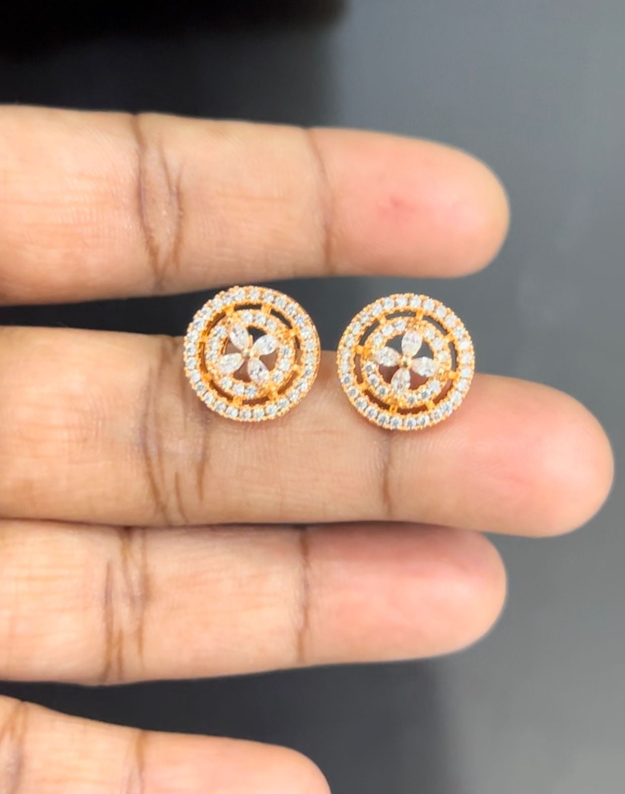 Round Halo CZ Stud Earrings – Dual Circle Design with Floral Center Sparkle