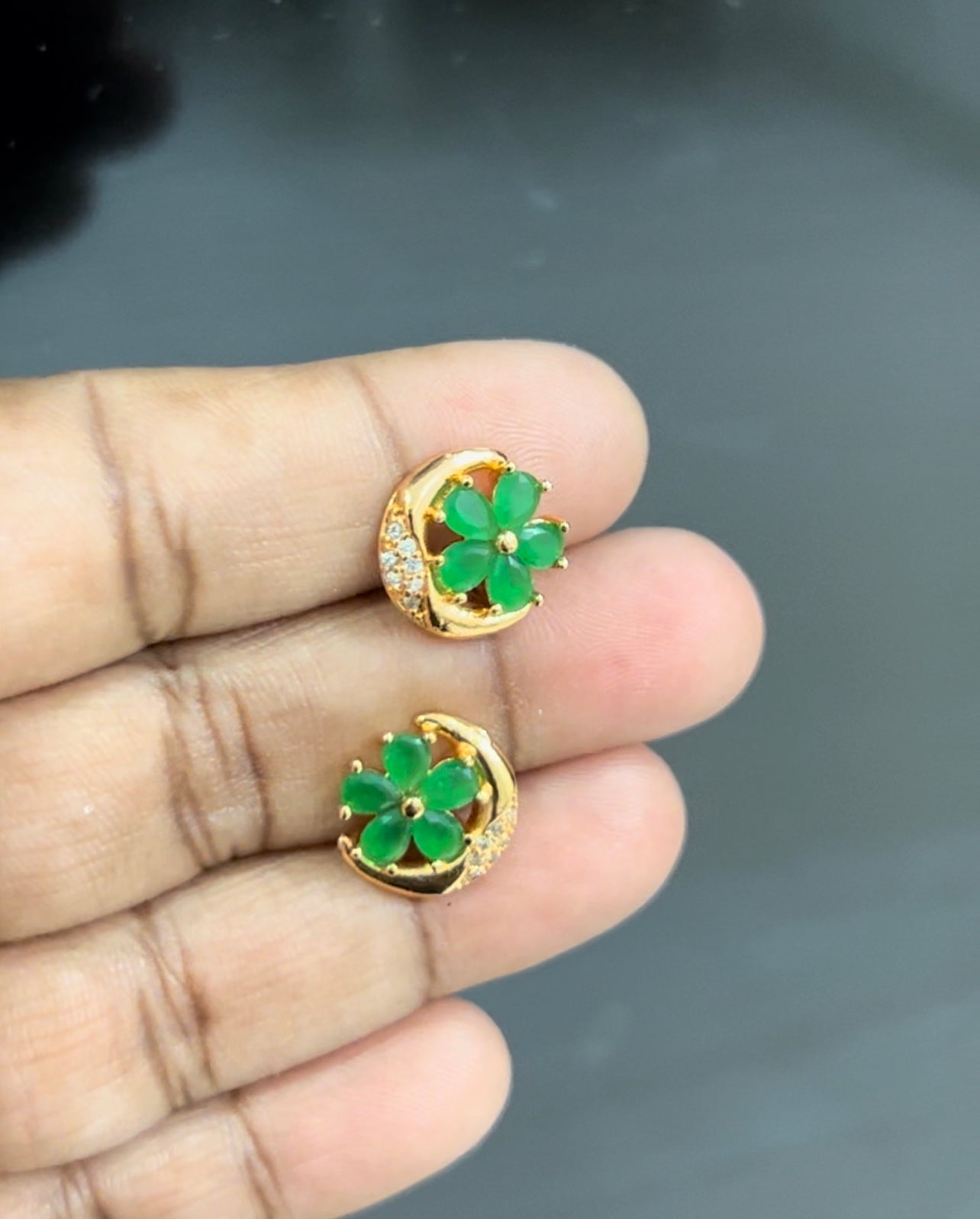Emerald Moonflower Stud Earrings – Gold-Plated Crescent with Green Petal Bloom