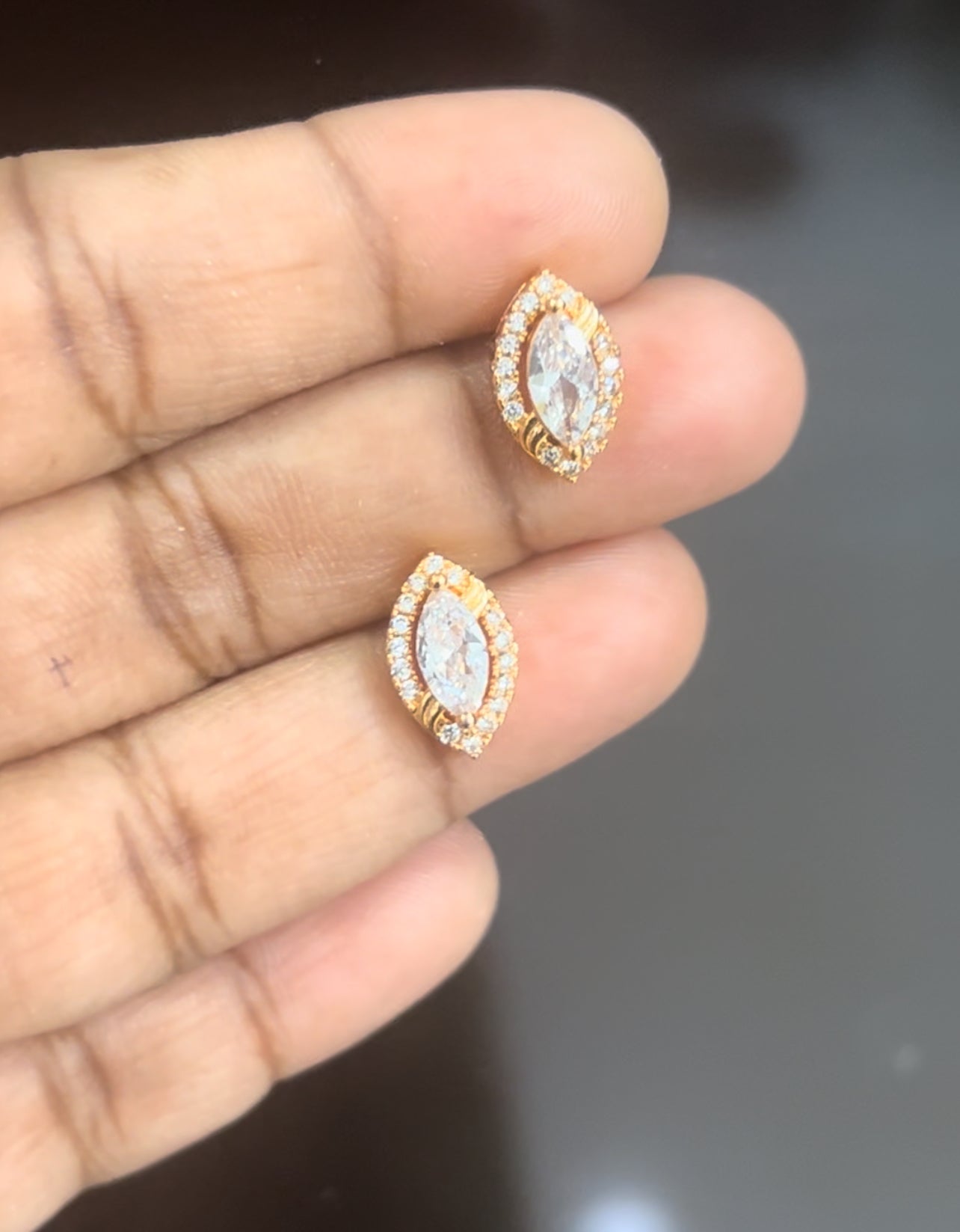 Marquise Stone Stud Earrings – Gold-Plated CZ Halo Design