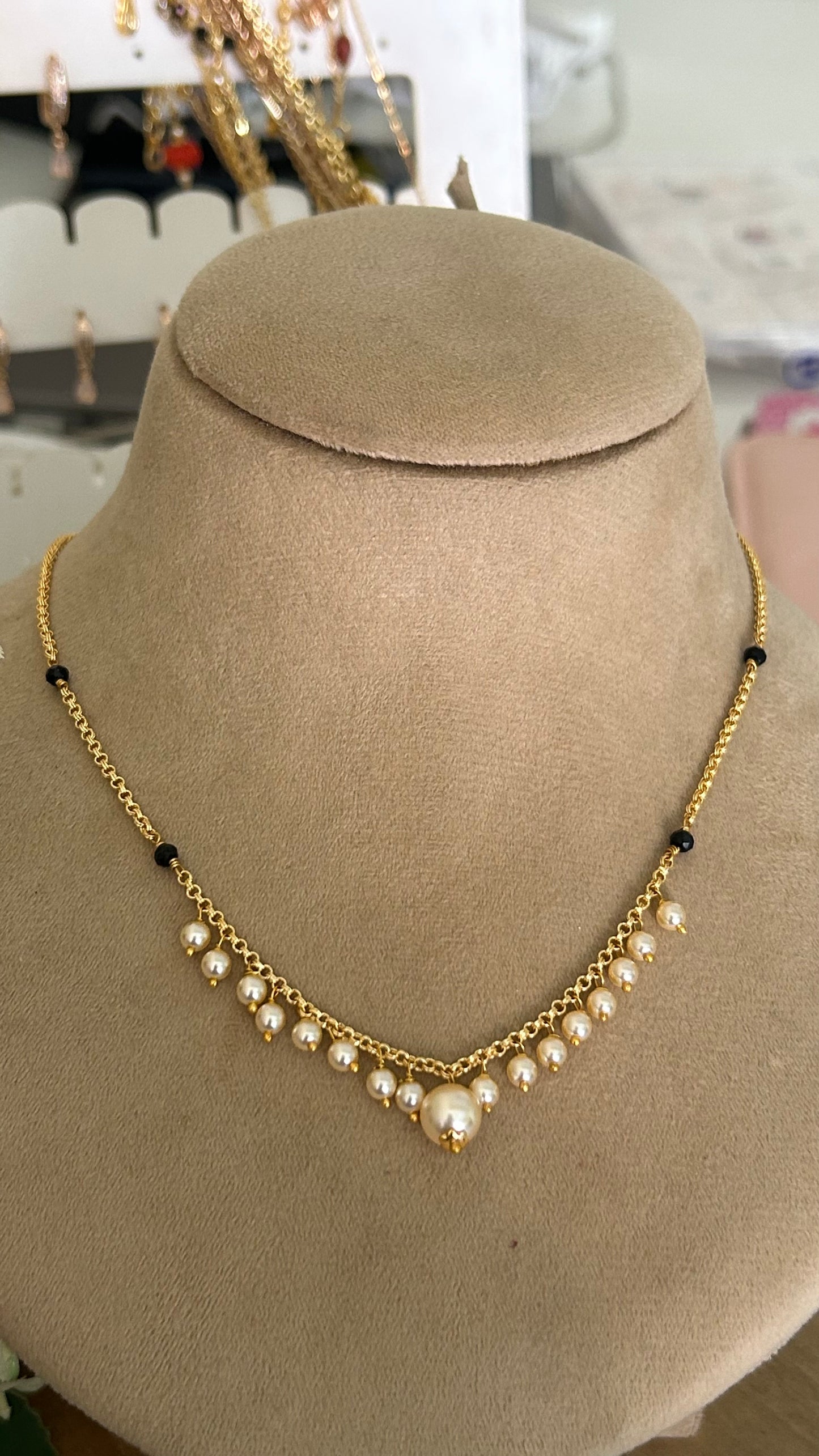 Minimalist Black Beads Necklace with Swarovski Pearls – Handmade Designer Chain