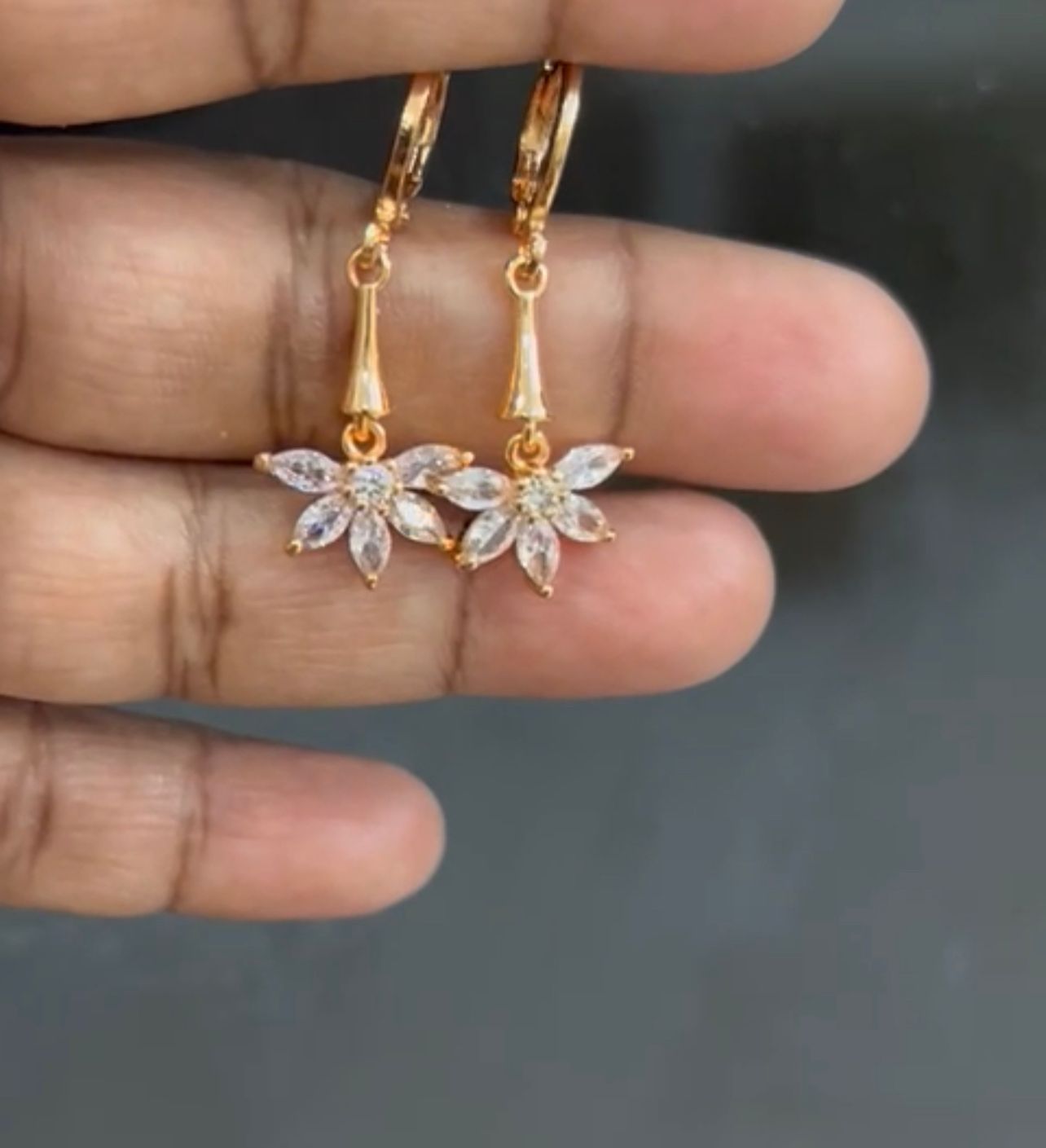 Crystal Bloom Drop Earrings – Gold-Plated Floral Danglers with CZ Petals