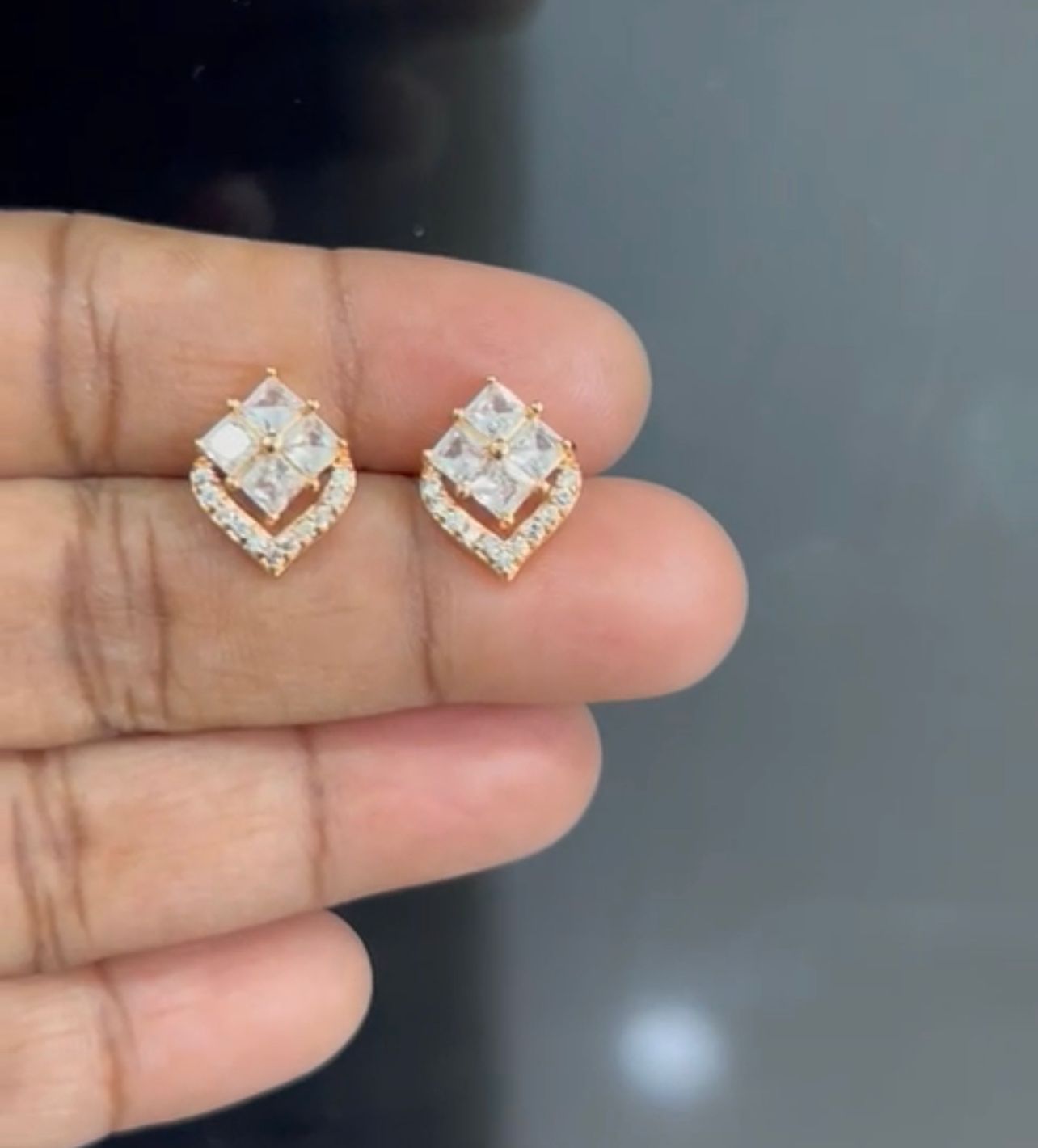 Royal Square-Cut Stud Earrings – Gold Plated Leaf Frame with CZ Stones