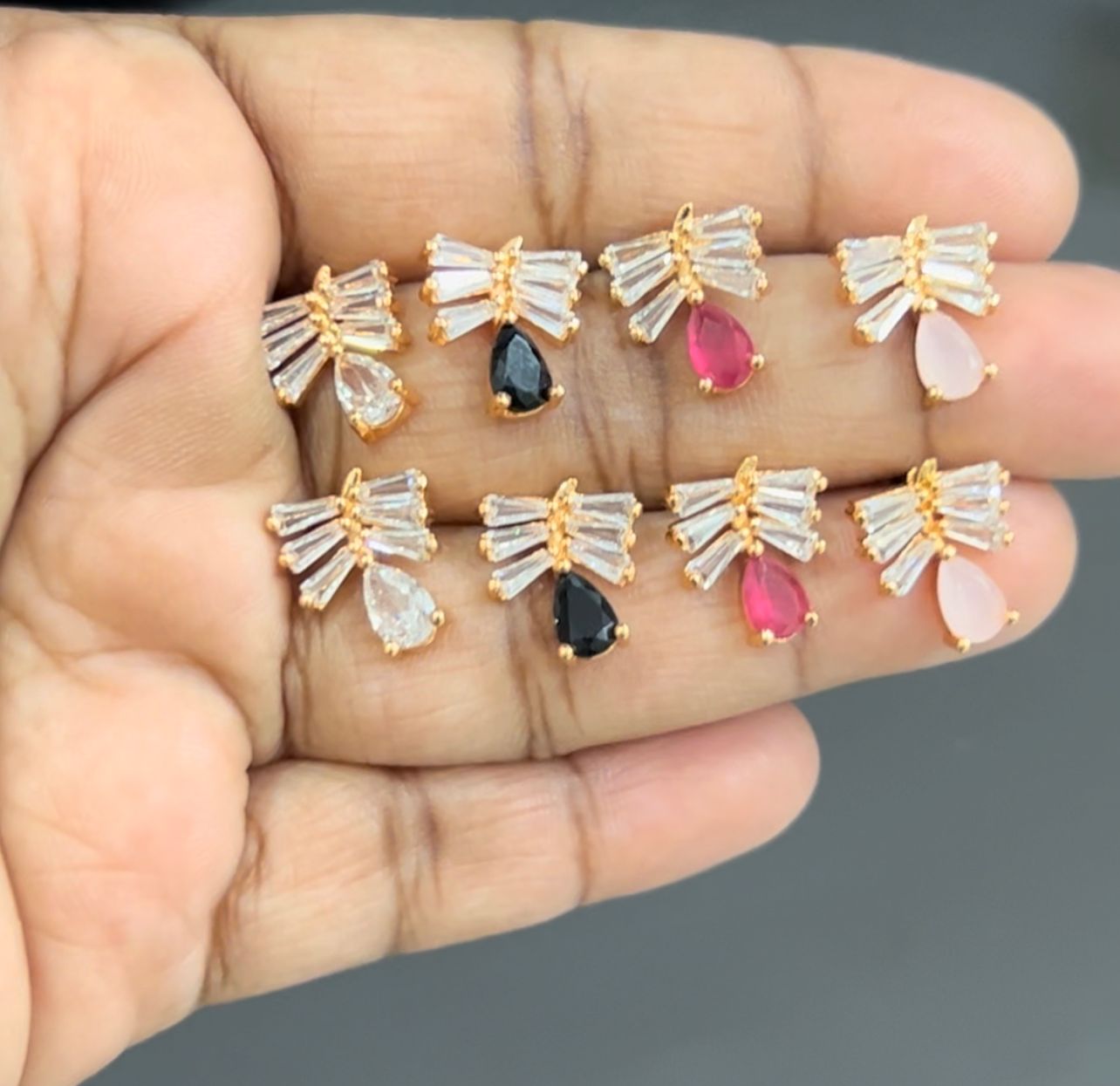 Midnight Bow Drop Earrings – Gold-Plated CZ Studs with Teardrop Charm