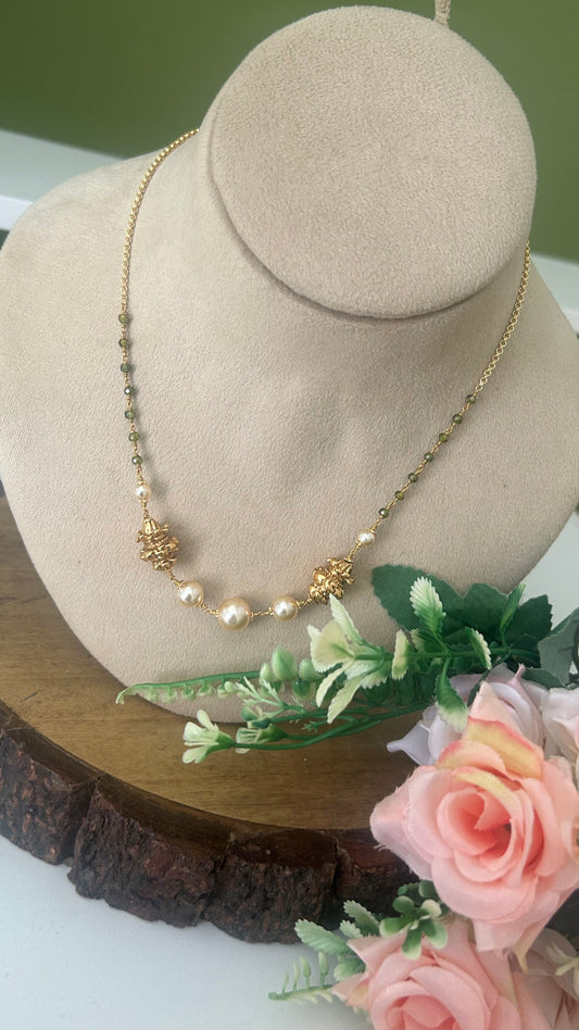Elegant Green Beads Pearl Gold Look Necklace with Traditional Pendant – 16–17 Inches