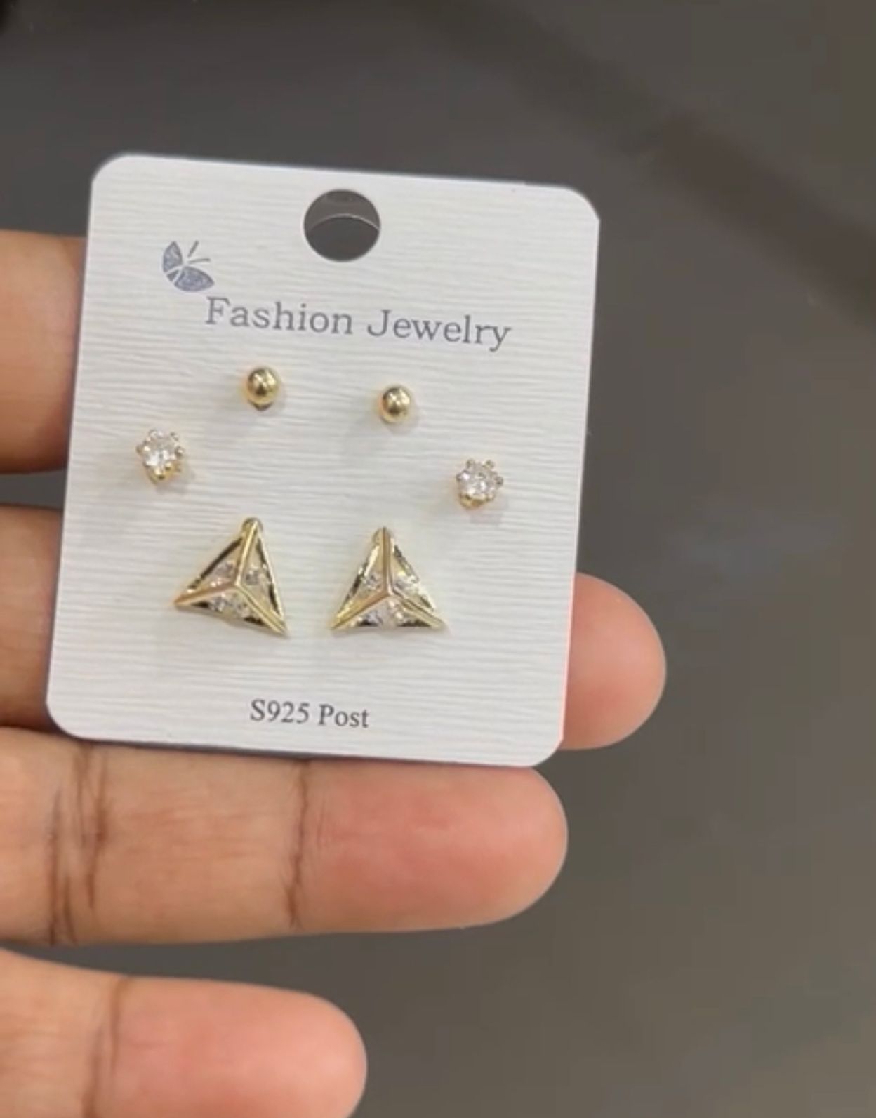 "Gold-Plated Triangle Stud Earring Set – Geometric Design with CZ Accents & 925 Silver Post"