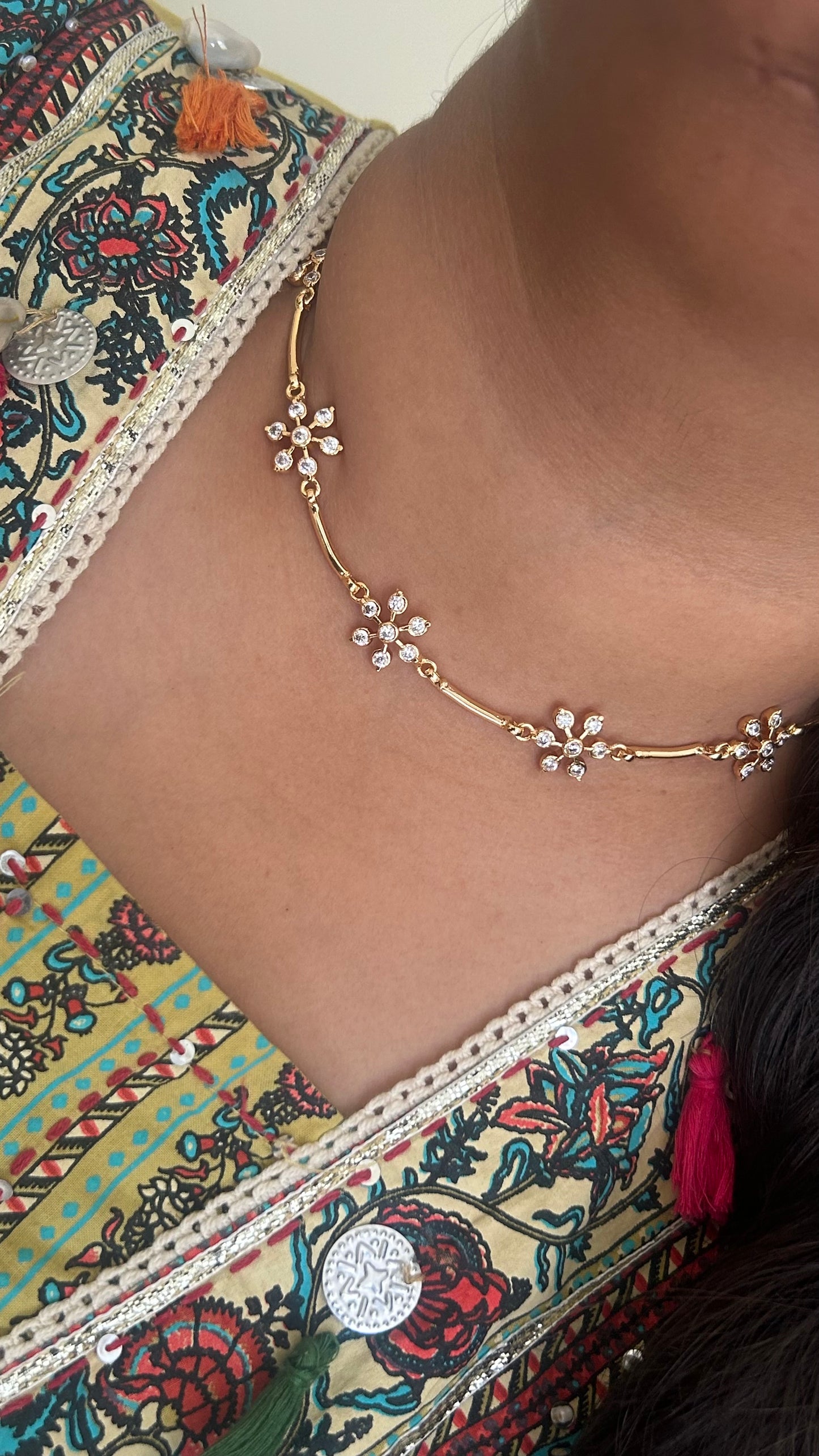 Gold-Plated Floral CZ Necklace – Delicate Chain Design for Festive and Daily Wear