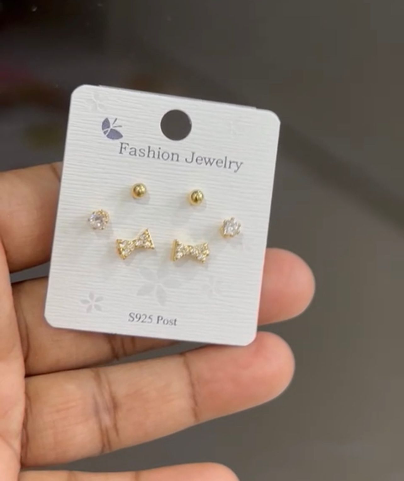 "Gold-Plated 3-in-1 Stud Earring Set – CZ Stone, Bow Design & Classic Ball Studs with 925 Silver Post"