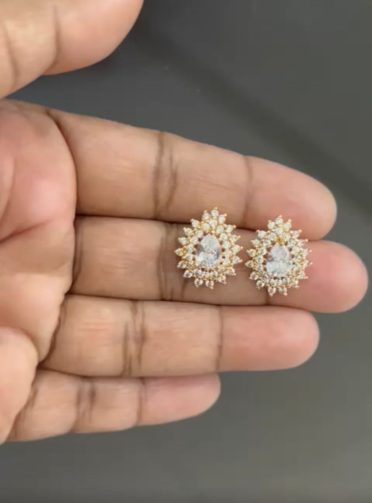 Vintage Teardrop CZ Stud Earrings – Gold-Plated Halo Sparkle Design