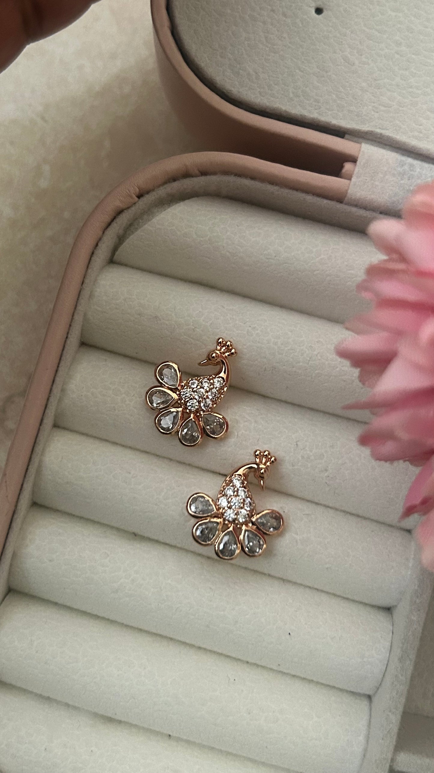 CZ Gold plated white stones peacock shape stud