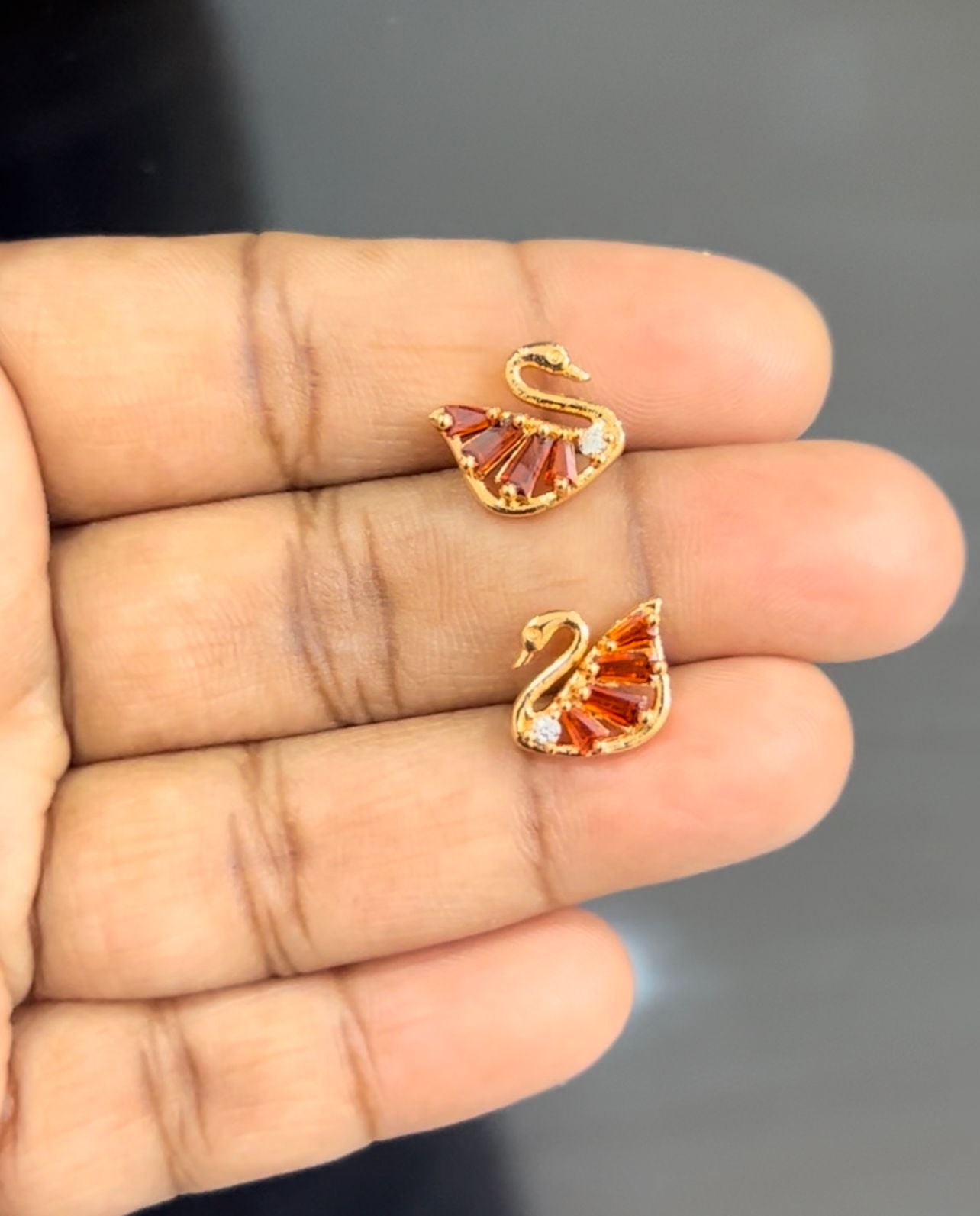 Red Stone Swan Earrings – Gold-Plated Studs with Baguette Crystals for Girls