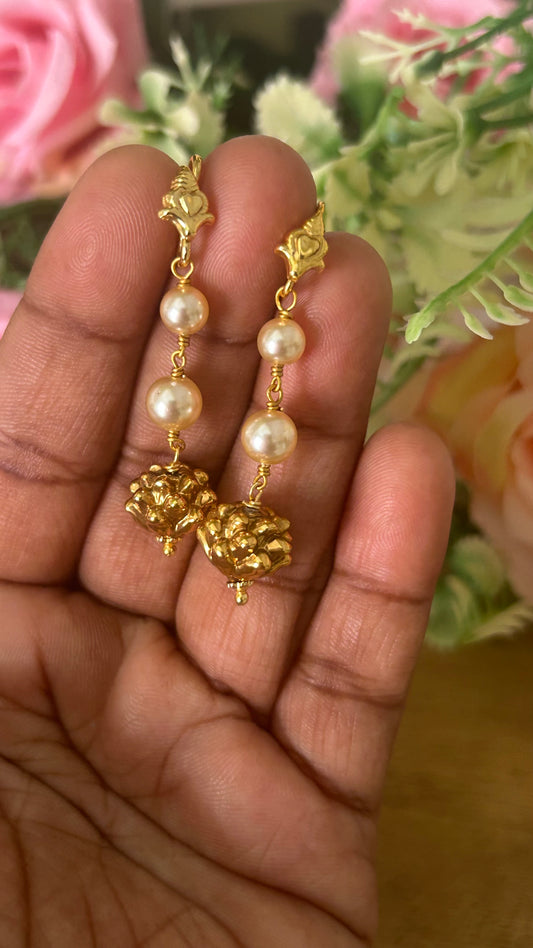Classic Pearl Drop Earrings with Hanging Floral Design