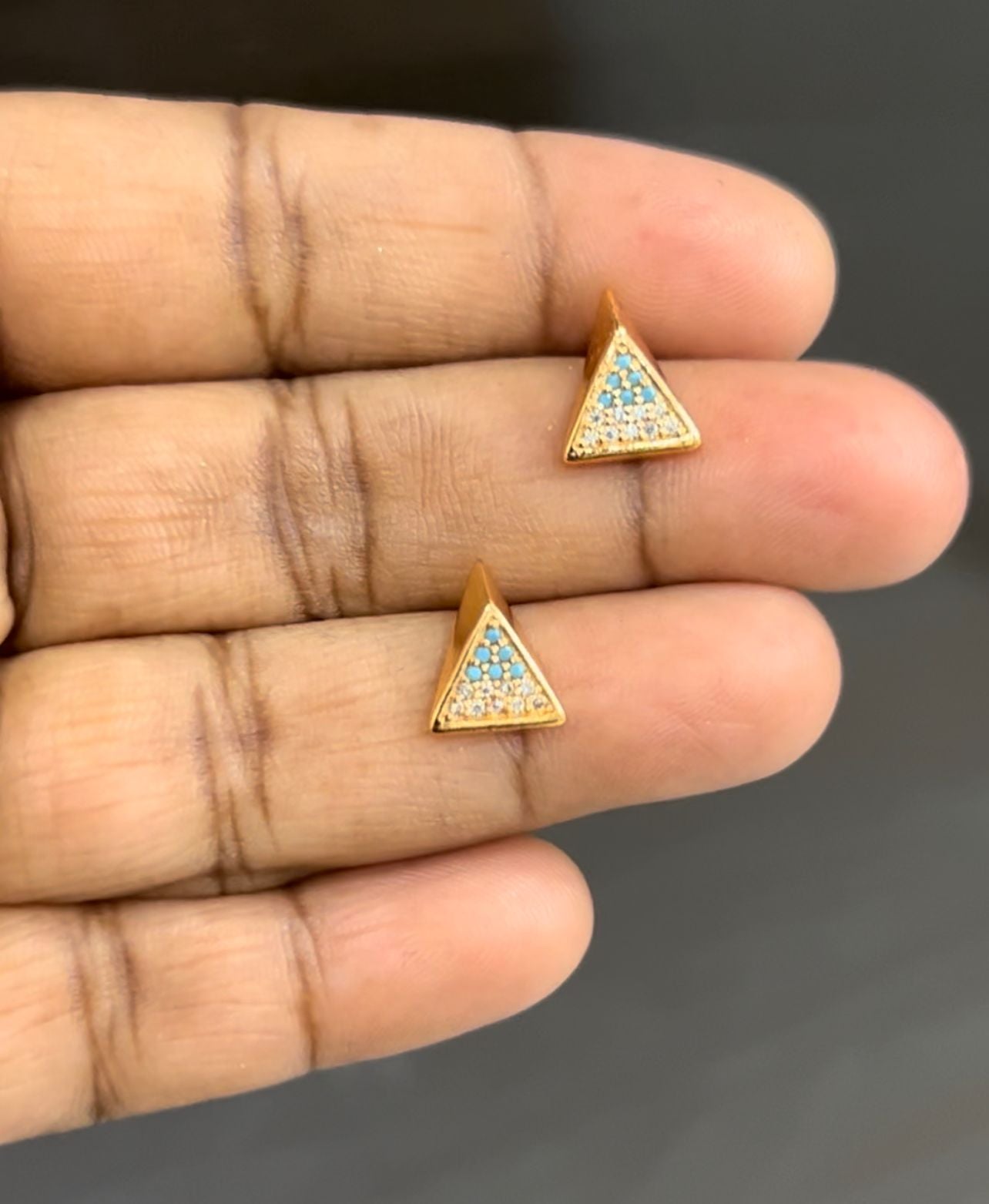 Trendy Blue and White CZ Triangle Stud Earrings