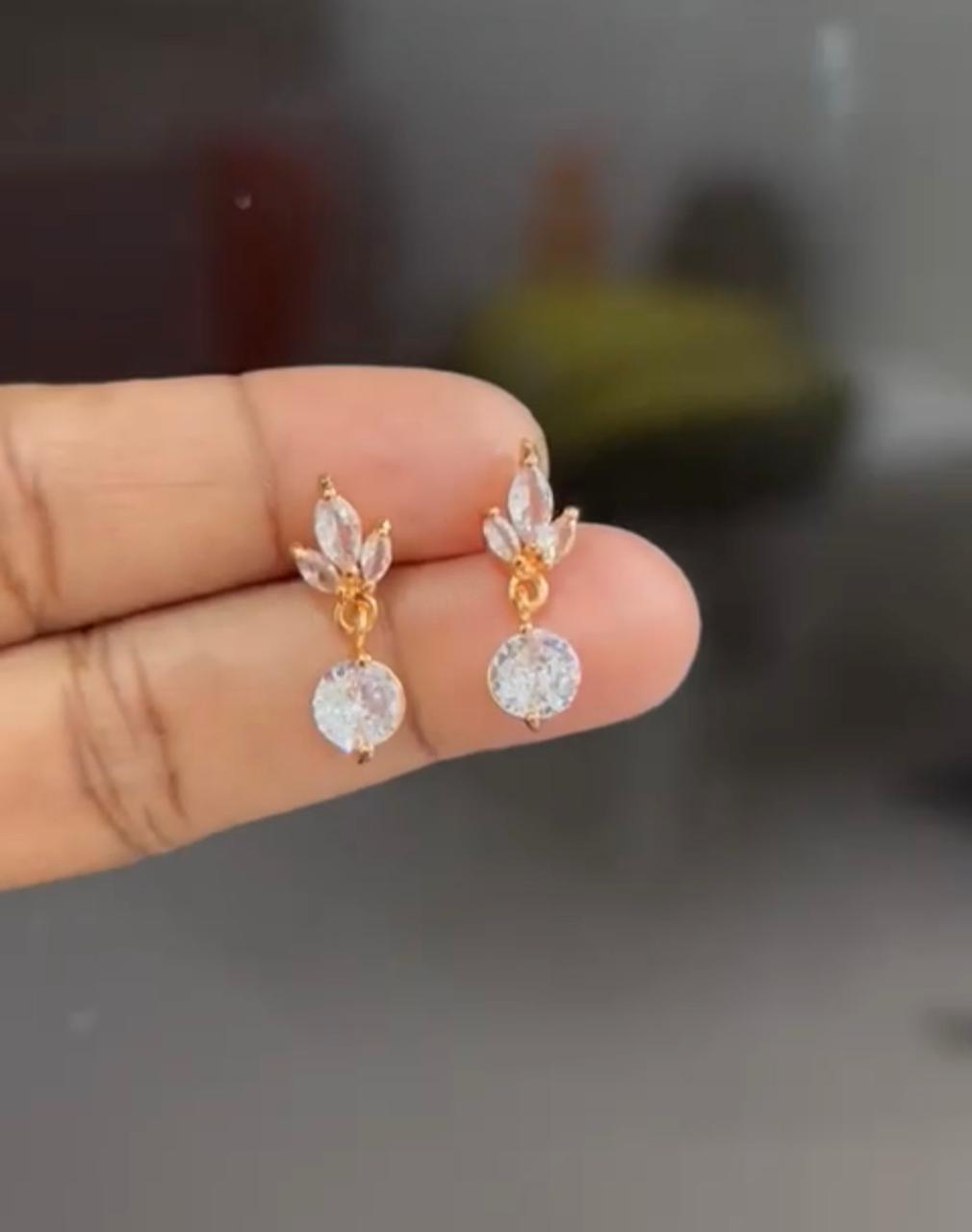 Leaf Crystal Drop Earrings – Dainty CZ Danglers in Gold Finish for Women