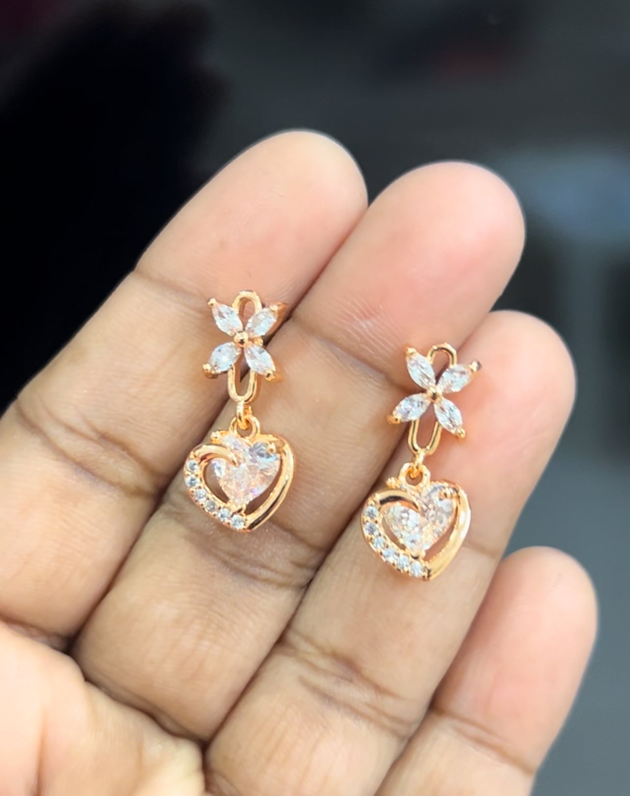 Floral Heart Drop Earrings – Gold-Plated CZ Dangle with Crystal Shine
