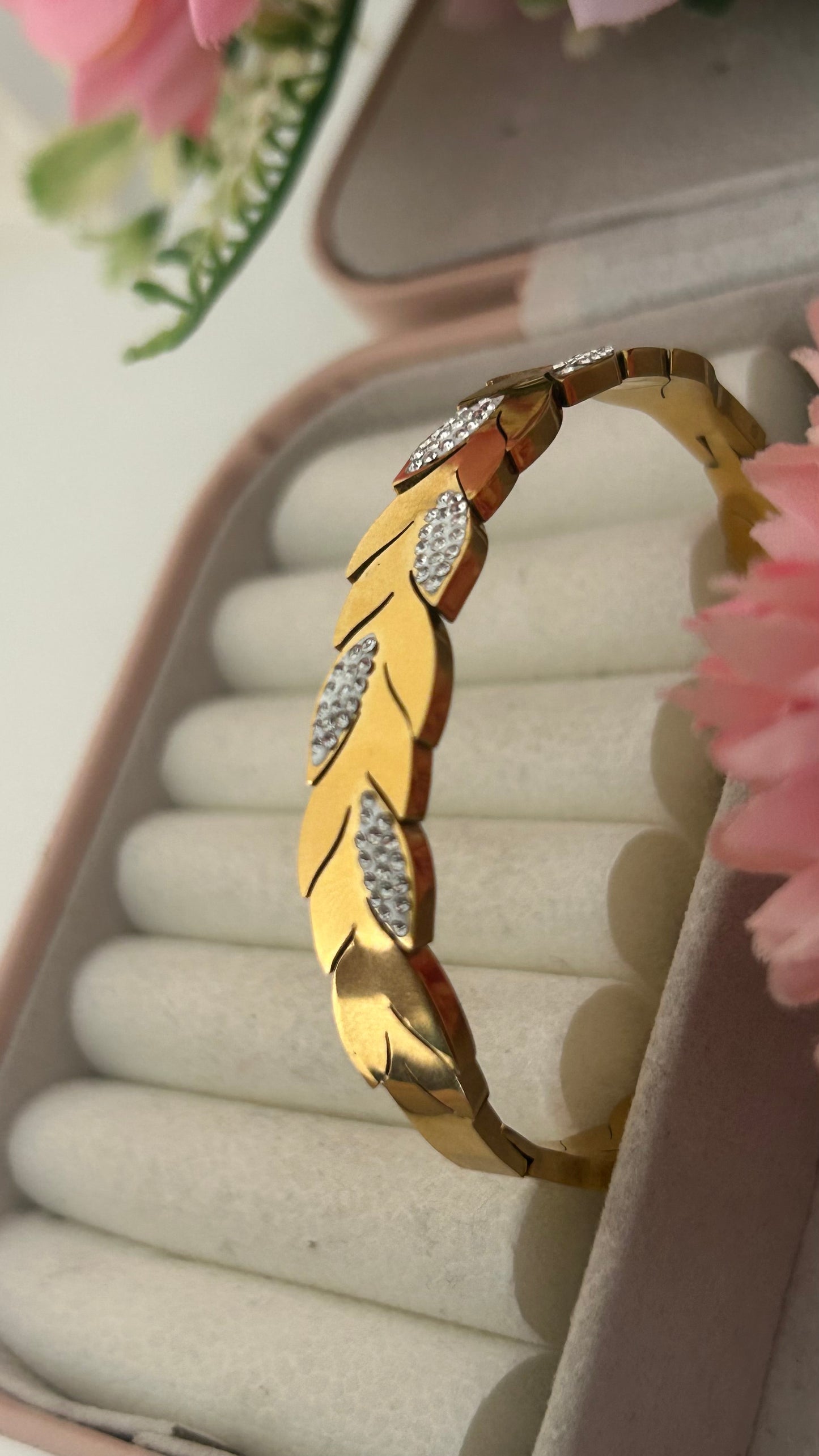 Elegant Leaf Design Gold-Plated Stainless Steel Kada with Crystal Accents for Women"