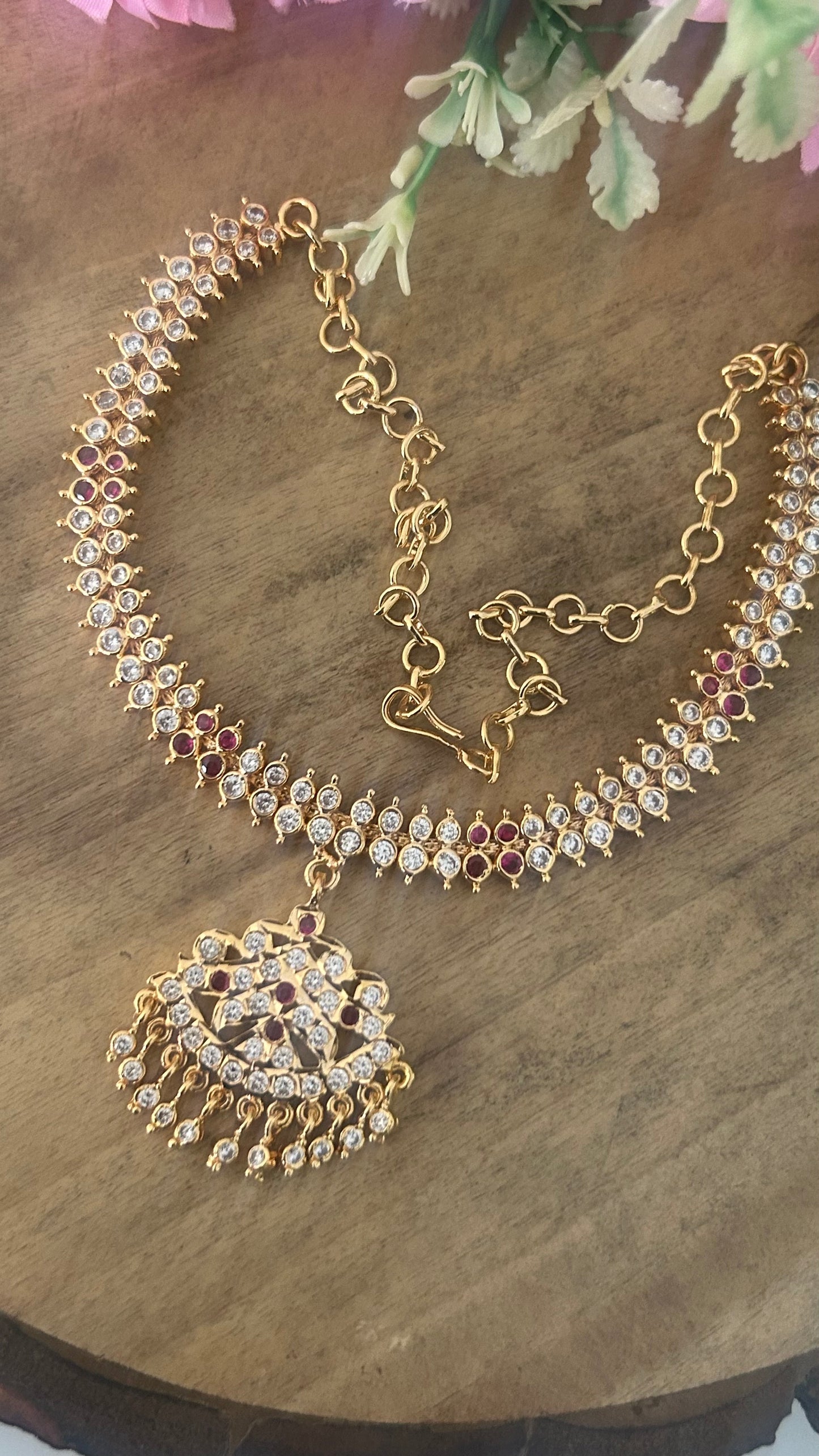 Elegant Ruby & White Stone Panchaloham Necklace with Pendant with polish