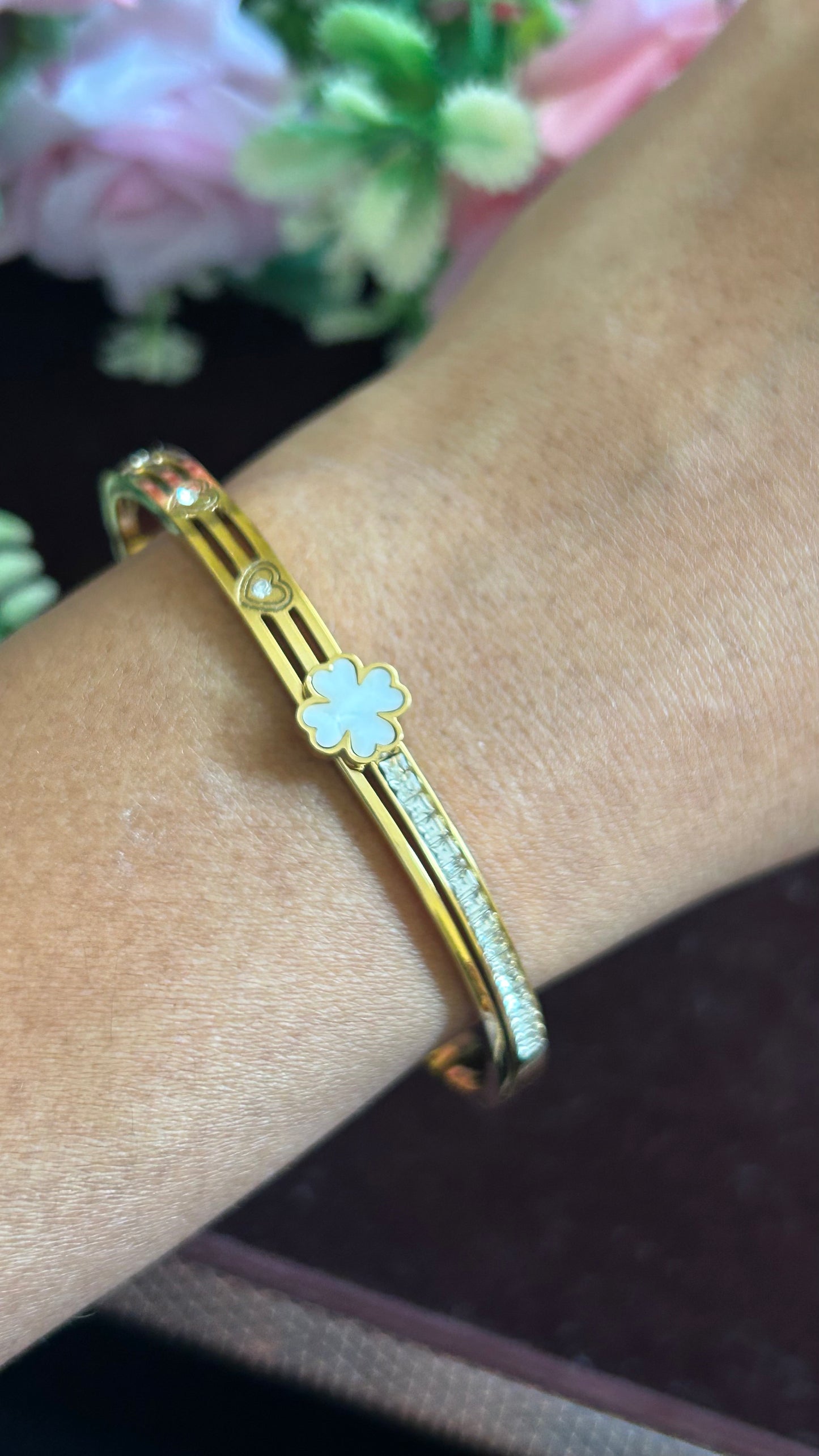 Floral Charm Gold Tone Openable Kada Bracelet