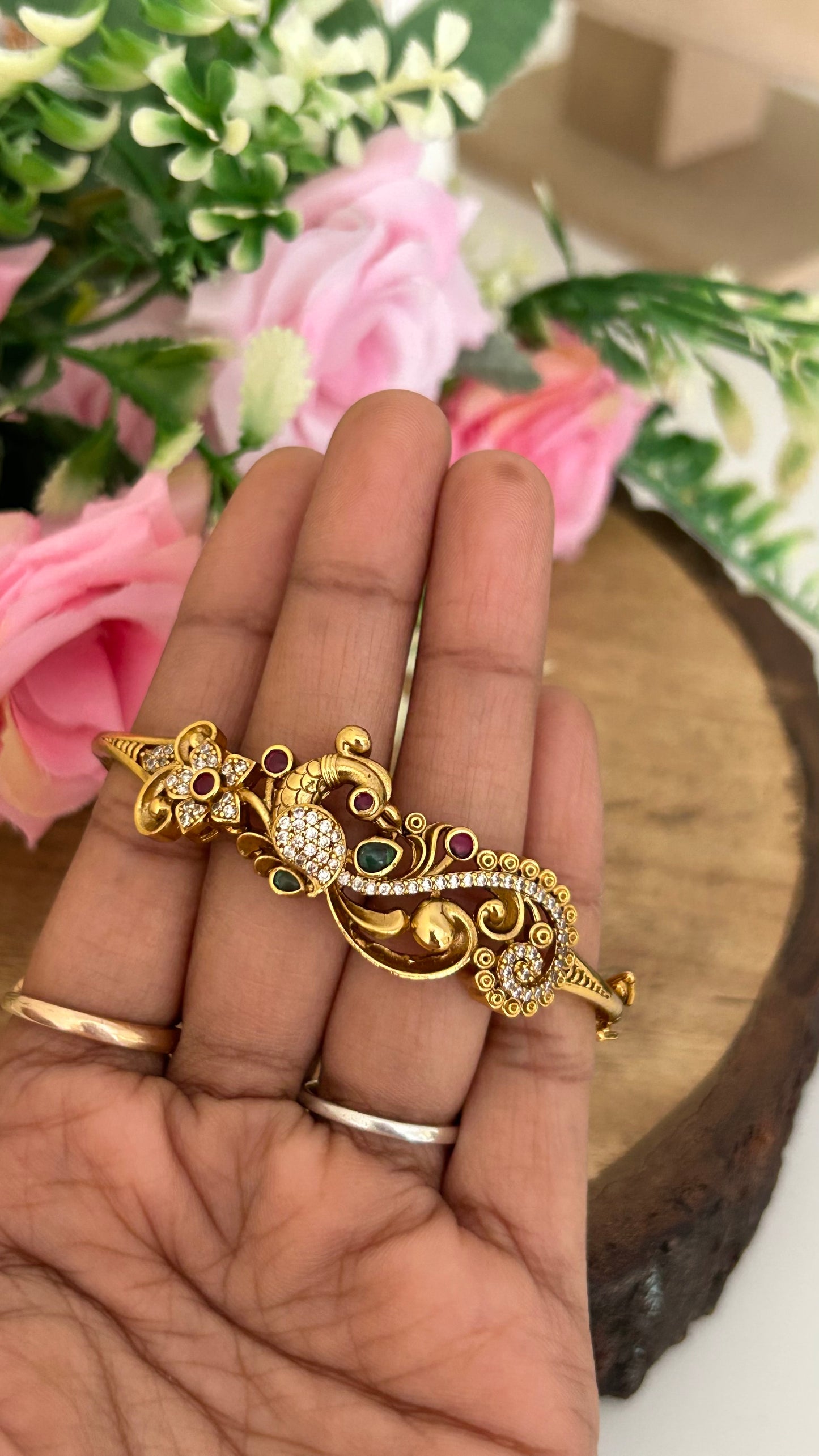 Royal Peacock Stone-Studded Gold Finish Kada Bangle
