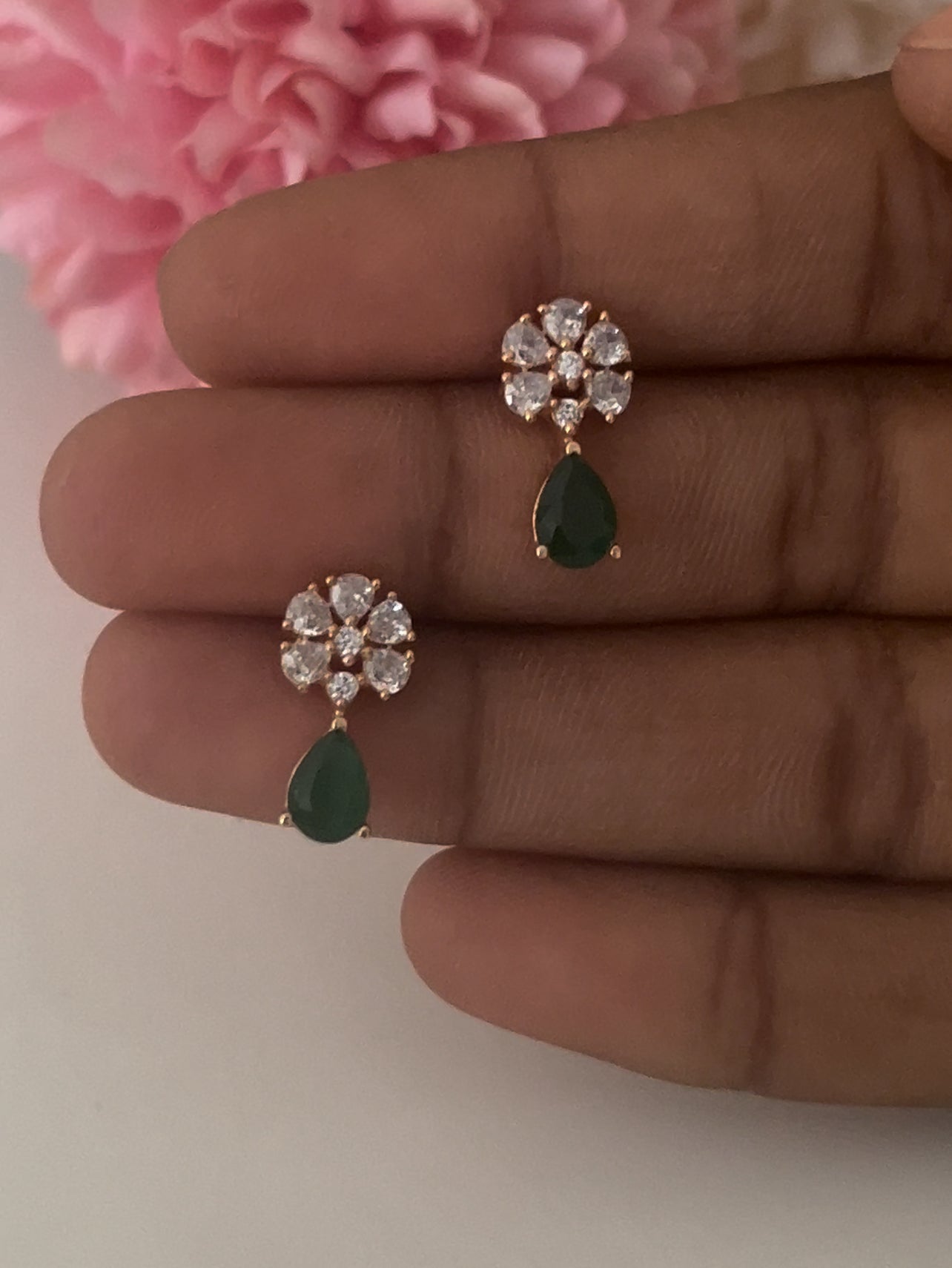 Floral Teardrop CZ Earrings – Gold-Plated Crystal Studs with Elegant Drop