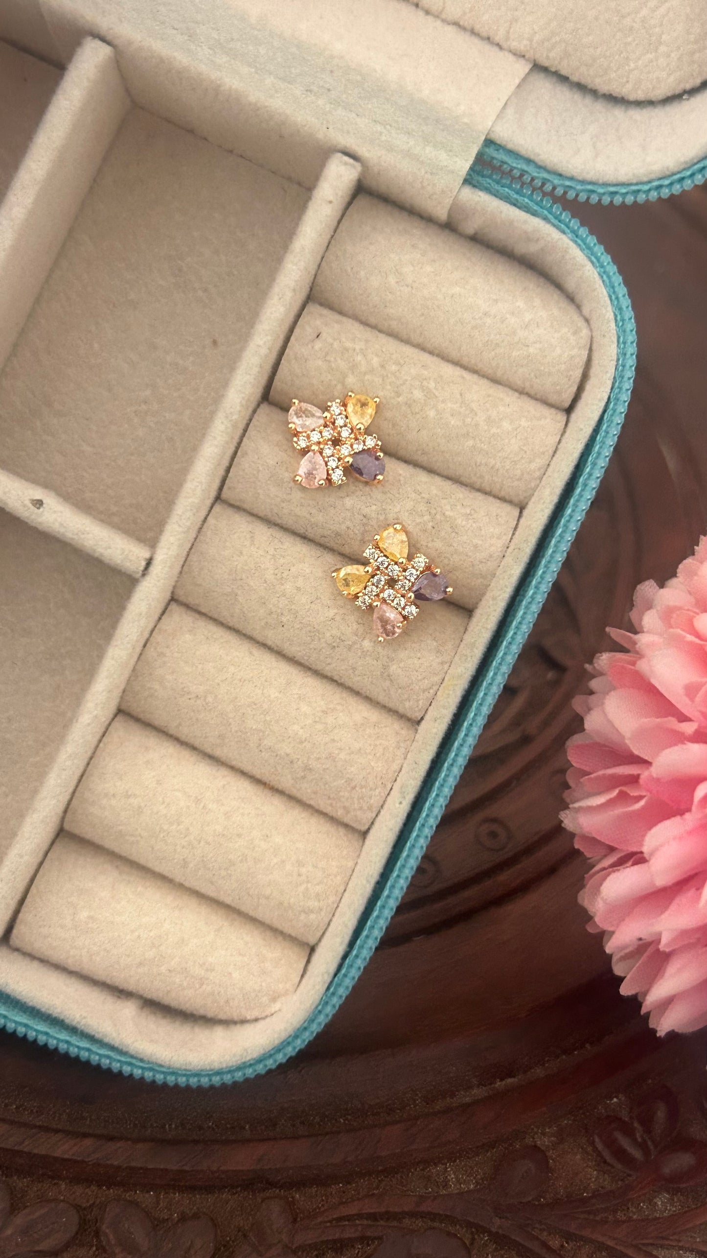 Cz multicoloured flower stud in square pattern