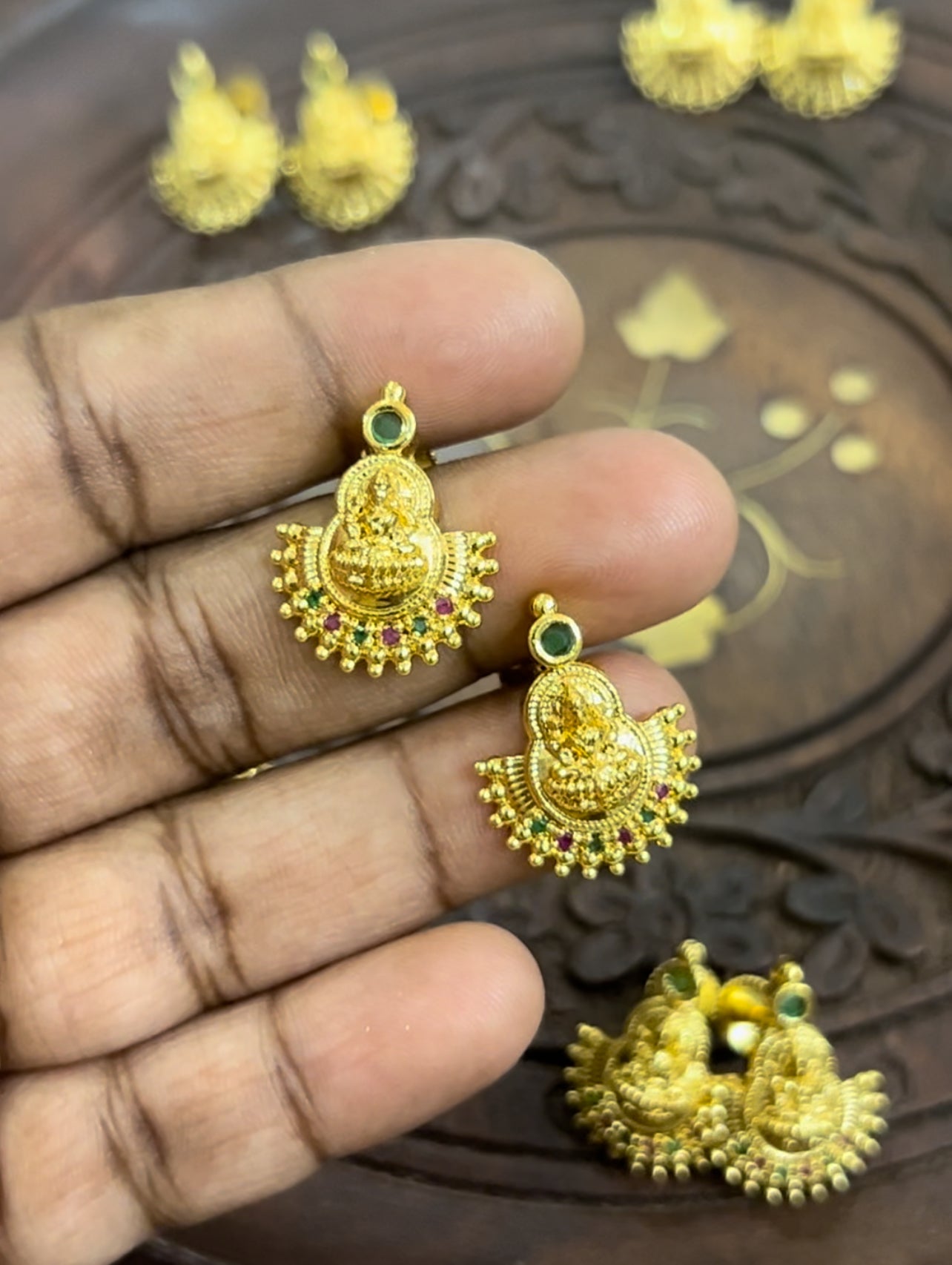 Multicoloured with green stone screw back Lakshmi Devi stud