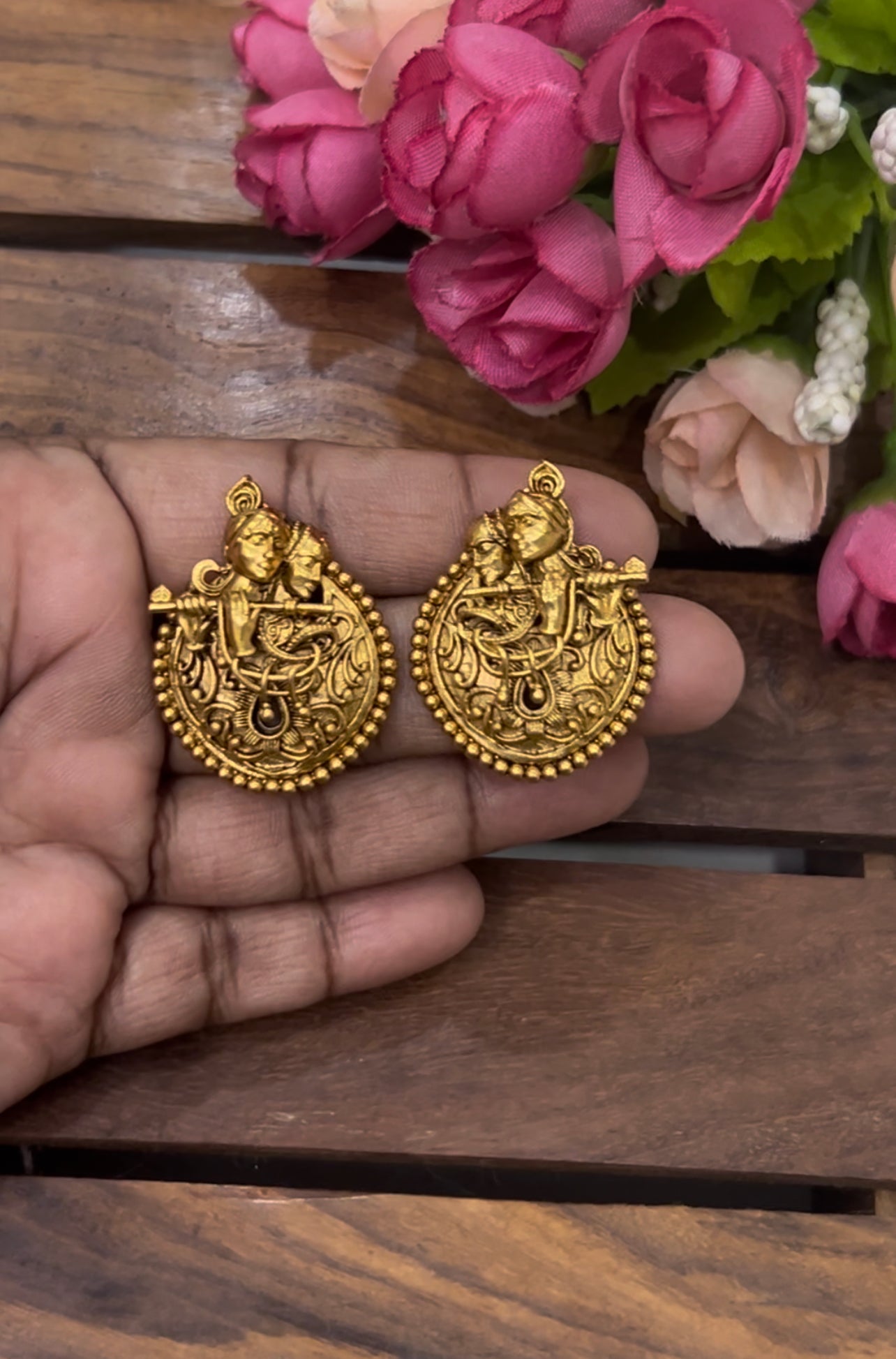 Antique Gold-Plated Radha Krishna Earrings – Traditional Indian Temple Jewelry Design