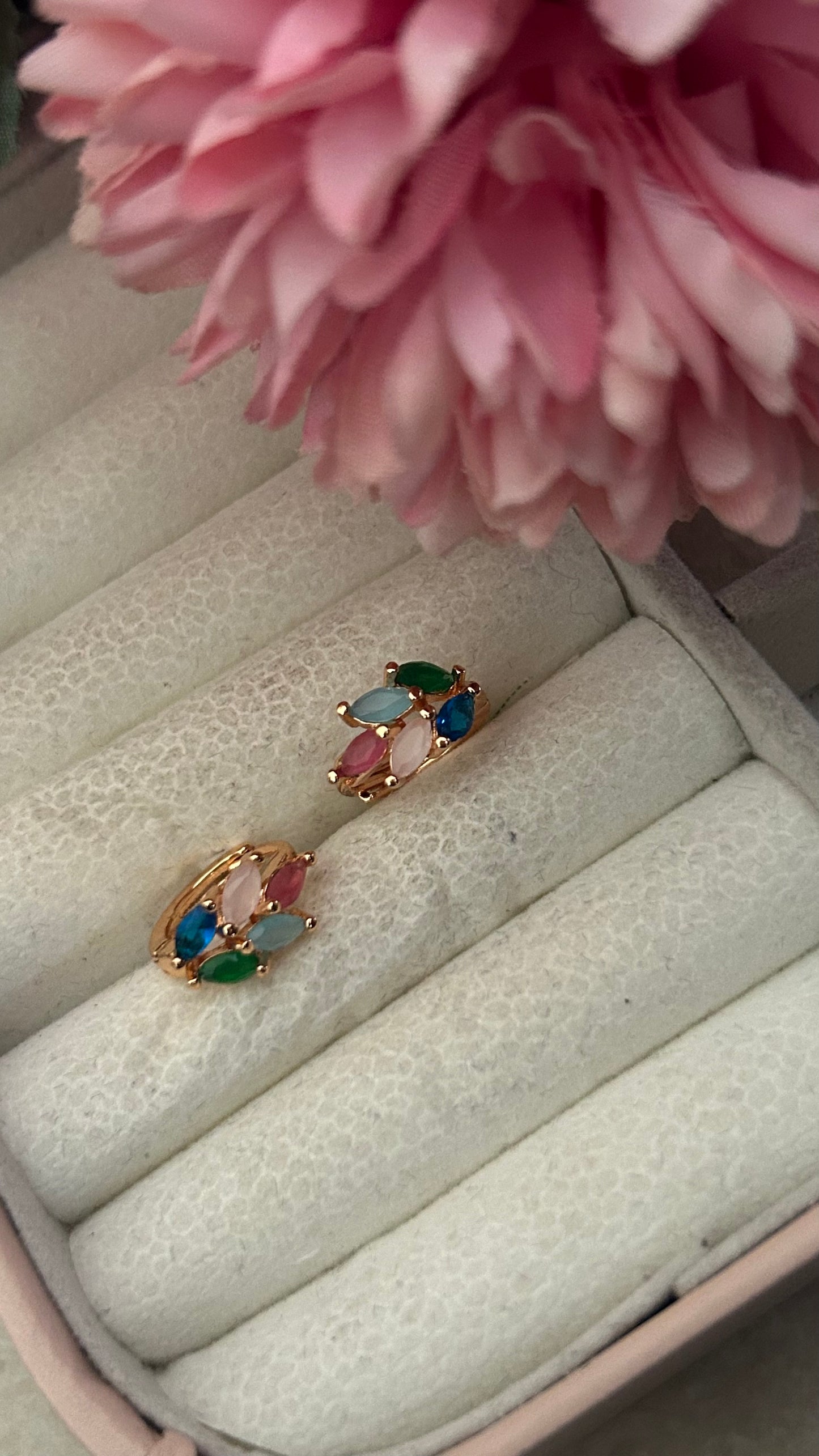 "Rainbow Petal CZ Hoop Earrings – Multicolor Stone Huggies"