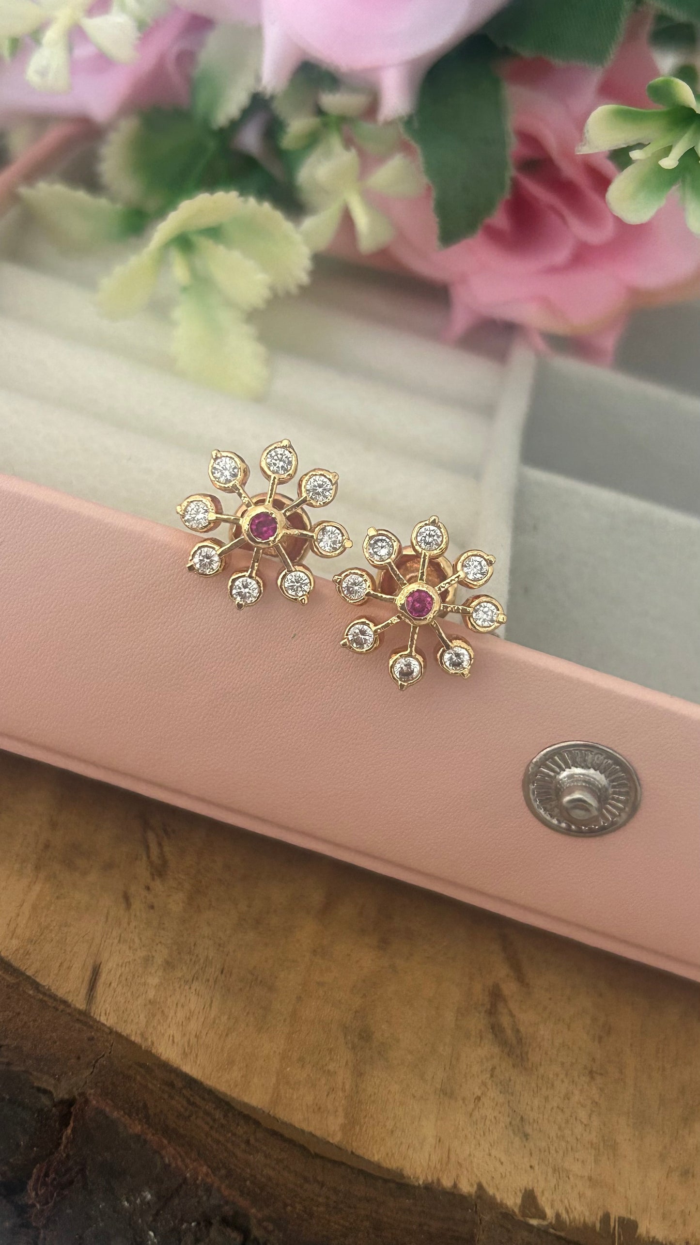 Traditional Panchaloham with Gold Finish Stud Earrings – Floral Sparkle Design with middle red stone ( big size only)