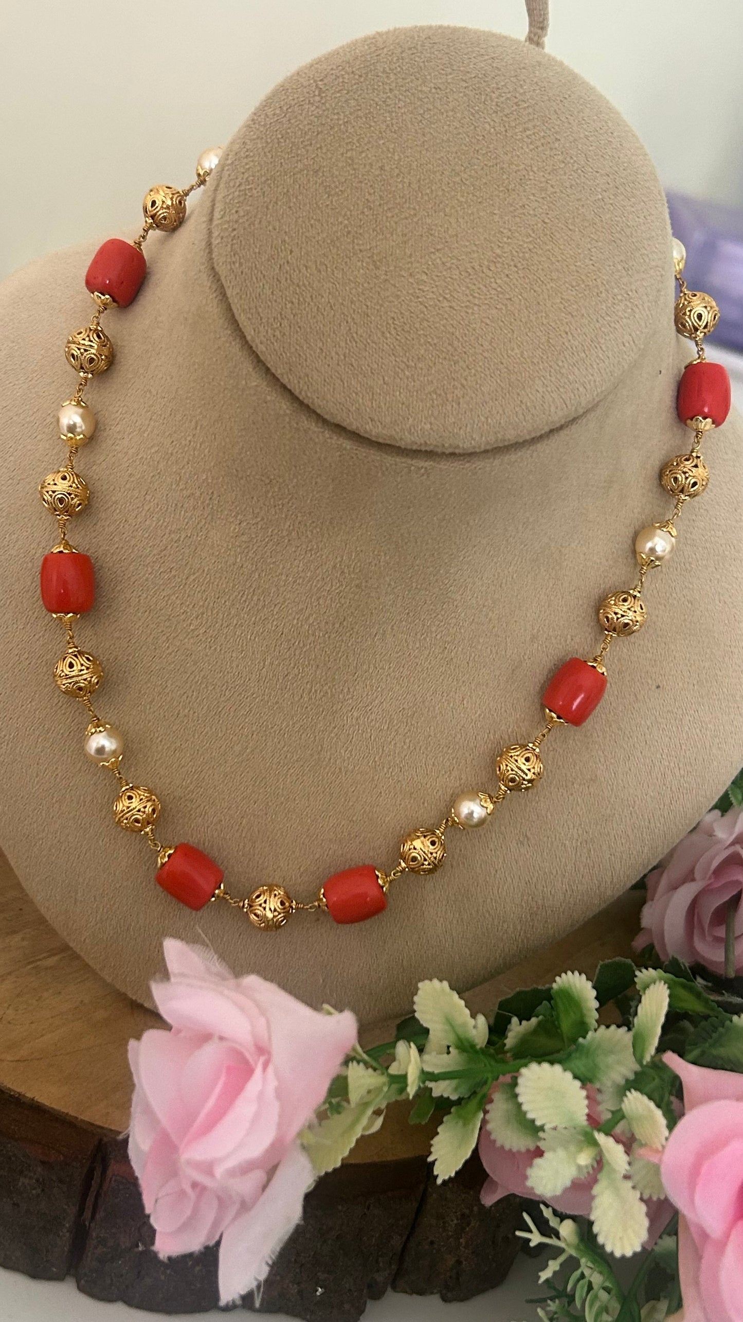 Handmade Coral Bead Necklace with Swarovski Pearls & Nakshi Balls | Traditional Designer Chain