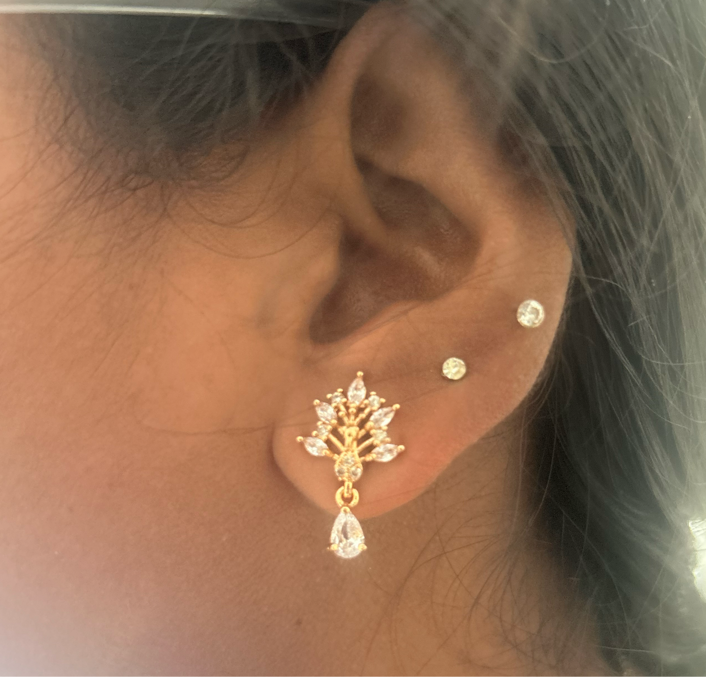 Crystal Plume Drop Earrings – Elegant Fan Sparkle Studs in Gold Finish