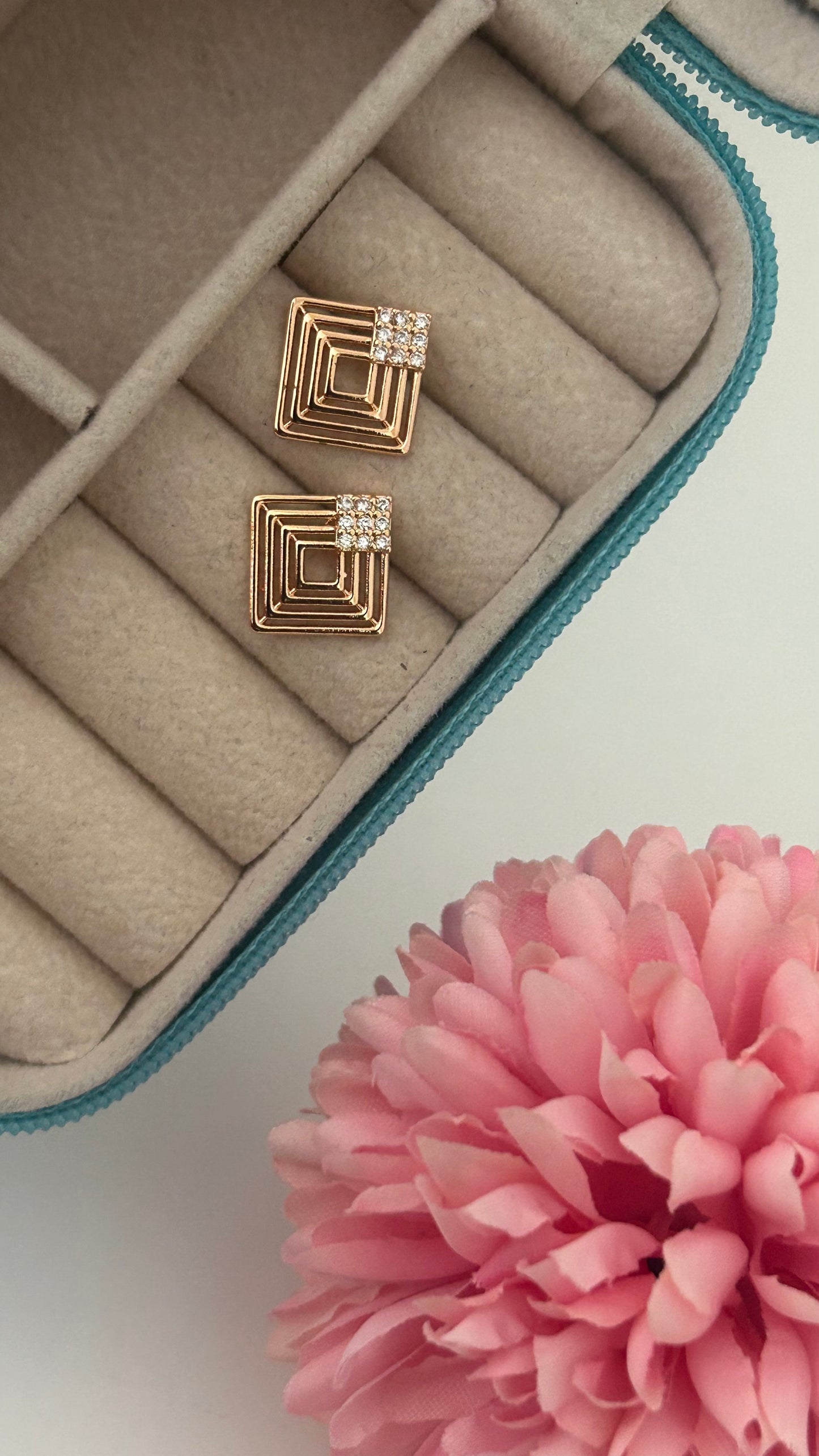 Gold-Plated Geometric Square Stud Earrings – Modern Layered Design with CZ Accents