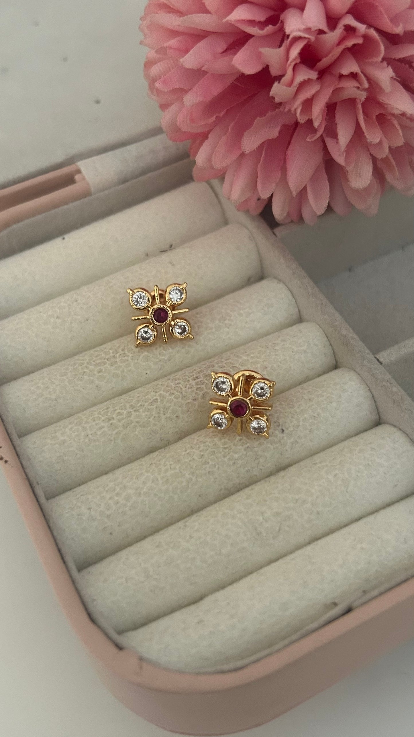 "Elegant Panchaloham Stud Earrings with Emerald Center and Crystal Accents (big size)– Traditional Gold-Toned Jewelry"