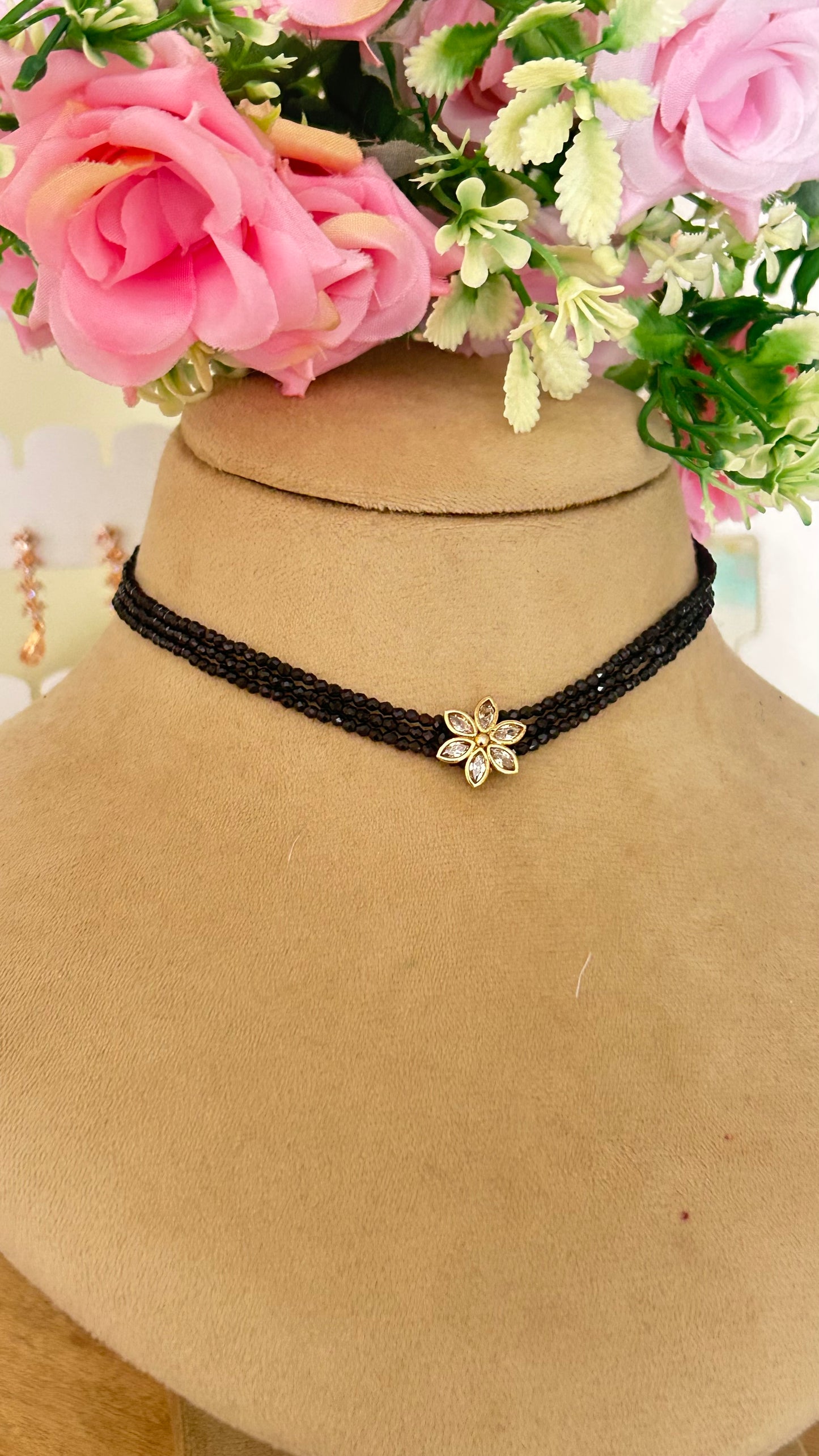 Designer Black Beads Floral Center Choker Necklace