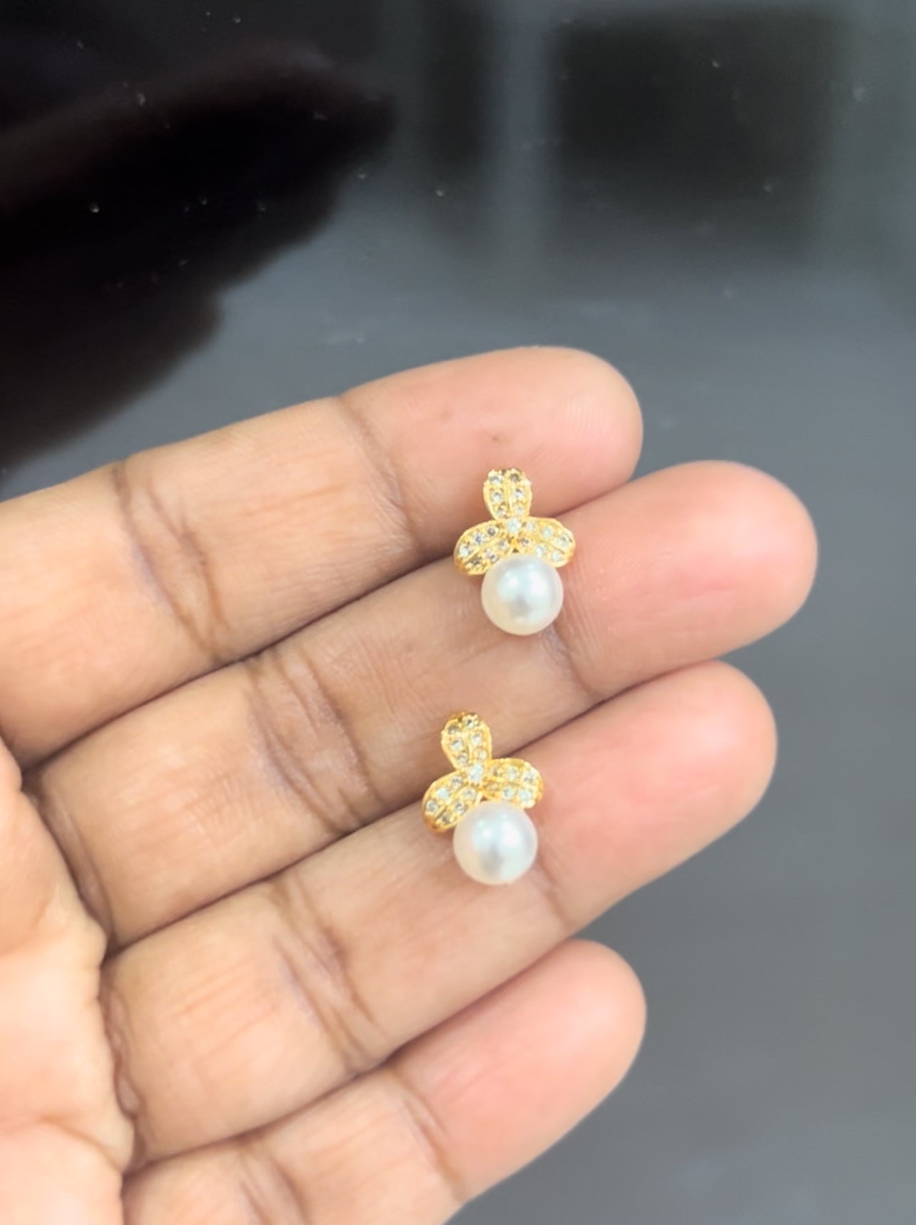 Petite Pearl Drop Earrings – Gold-Plated Bow Studs with Sparkling CZ