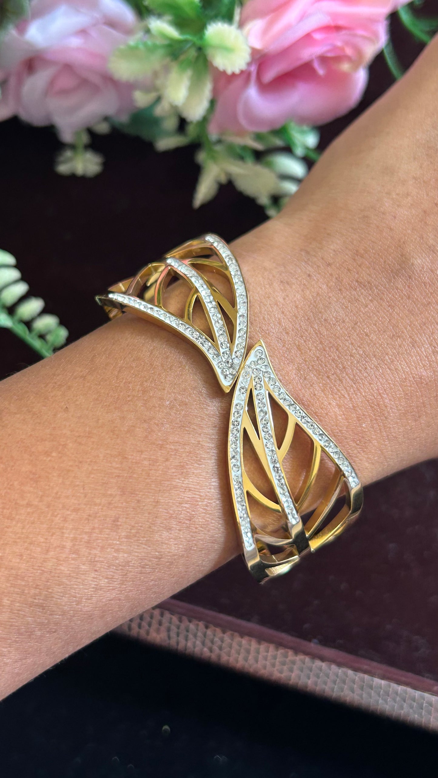 Designer Gold-Tone Openable Kada with Leaf Motif & Crystals
