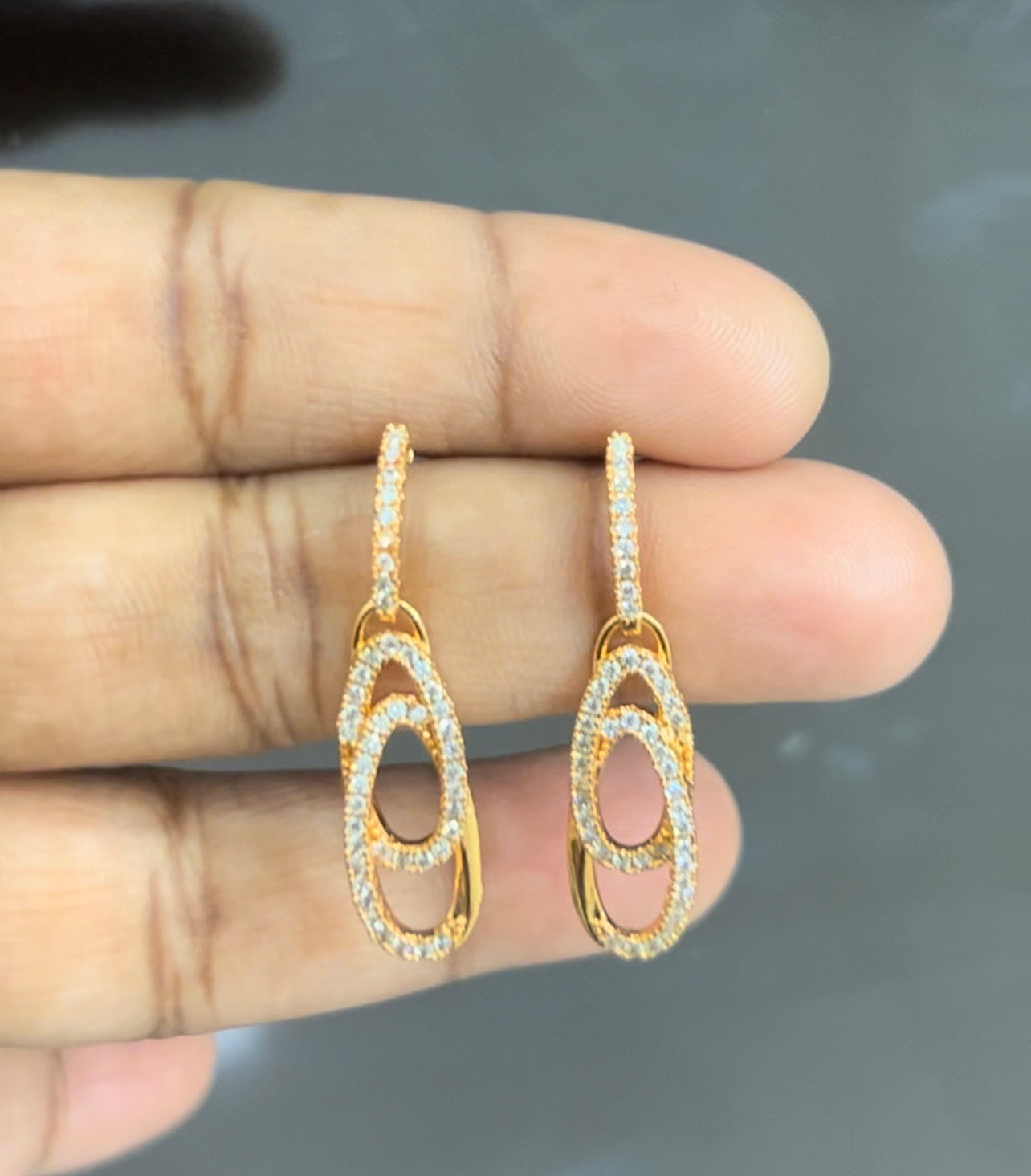 Dual Loop CZ Drop Earrings in Gold Finish