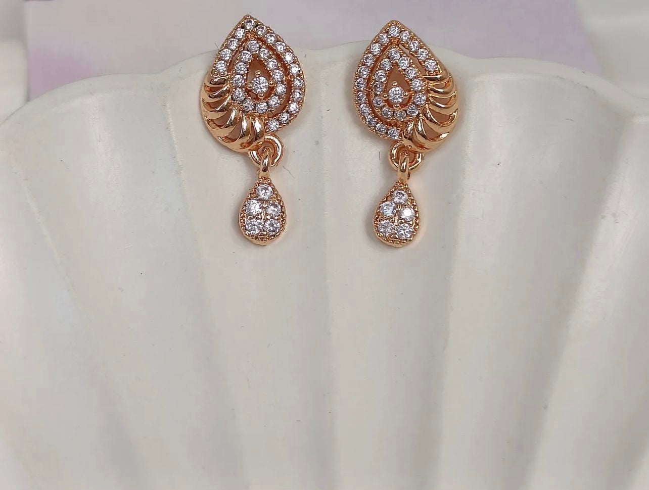 Gold-Plated Paisley Drop Earrings – Tear-Shaped Stone Dangler with CZ Studded Design
