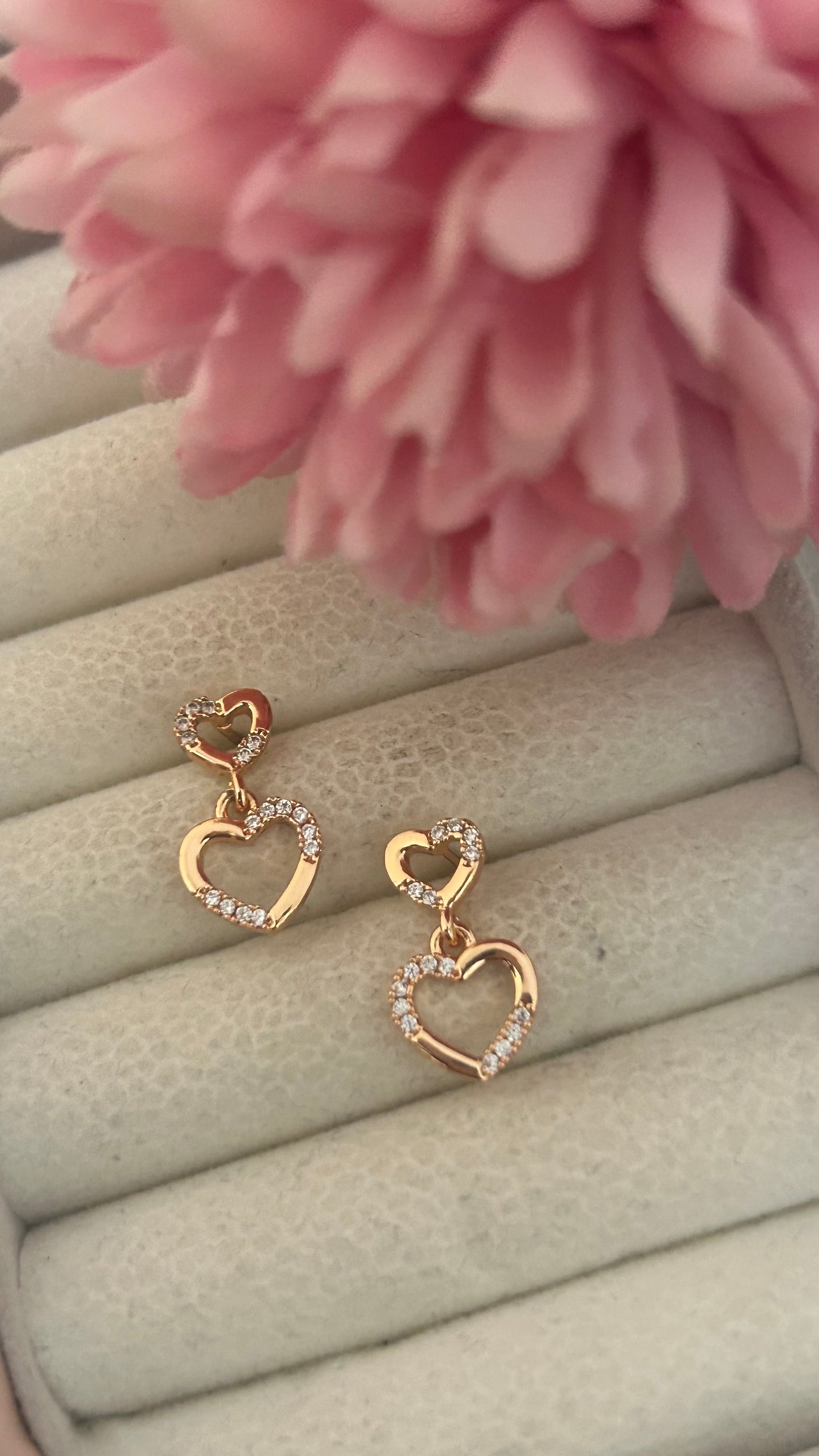 Gold-Plated Double Heart Drop Earrings – Dainty CZ Stone-Studded Romantic Design