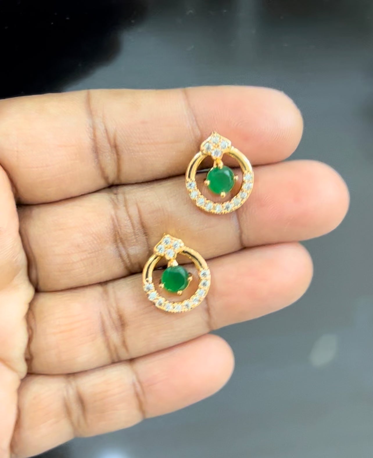 Emerald Halo Circle Stud Earrings – Gold-Plated Round CZ Accents for Elegant Everyday