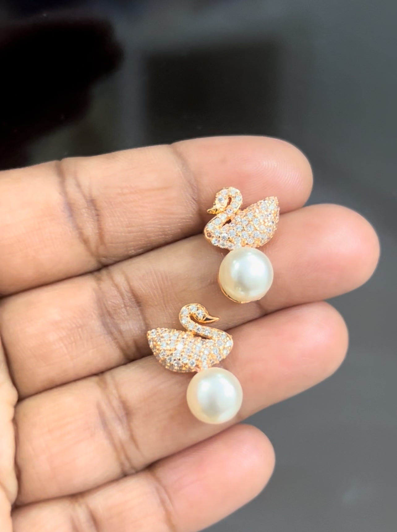 Swan Pearl Drop Earrings – Gold Plated CZ Studs with Elegant Bird Design