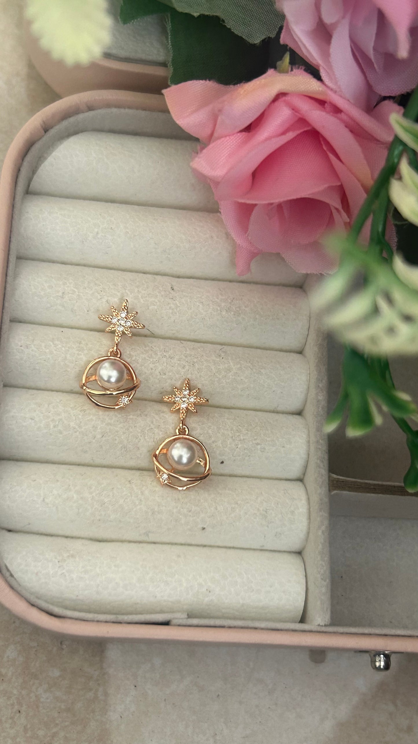 "Elegant Star and Pearl Planet Earrings – Dainty Celestial Jewelry for Women | Gold-Plated Drop Earrings"