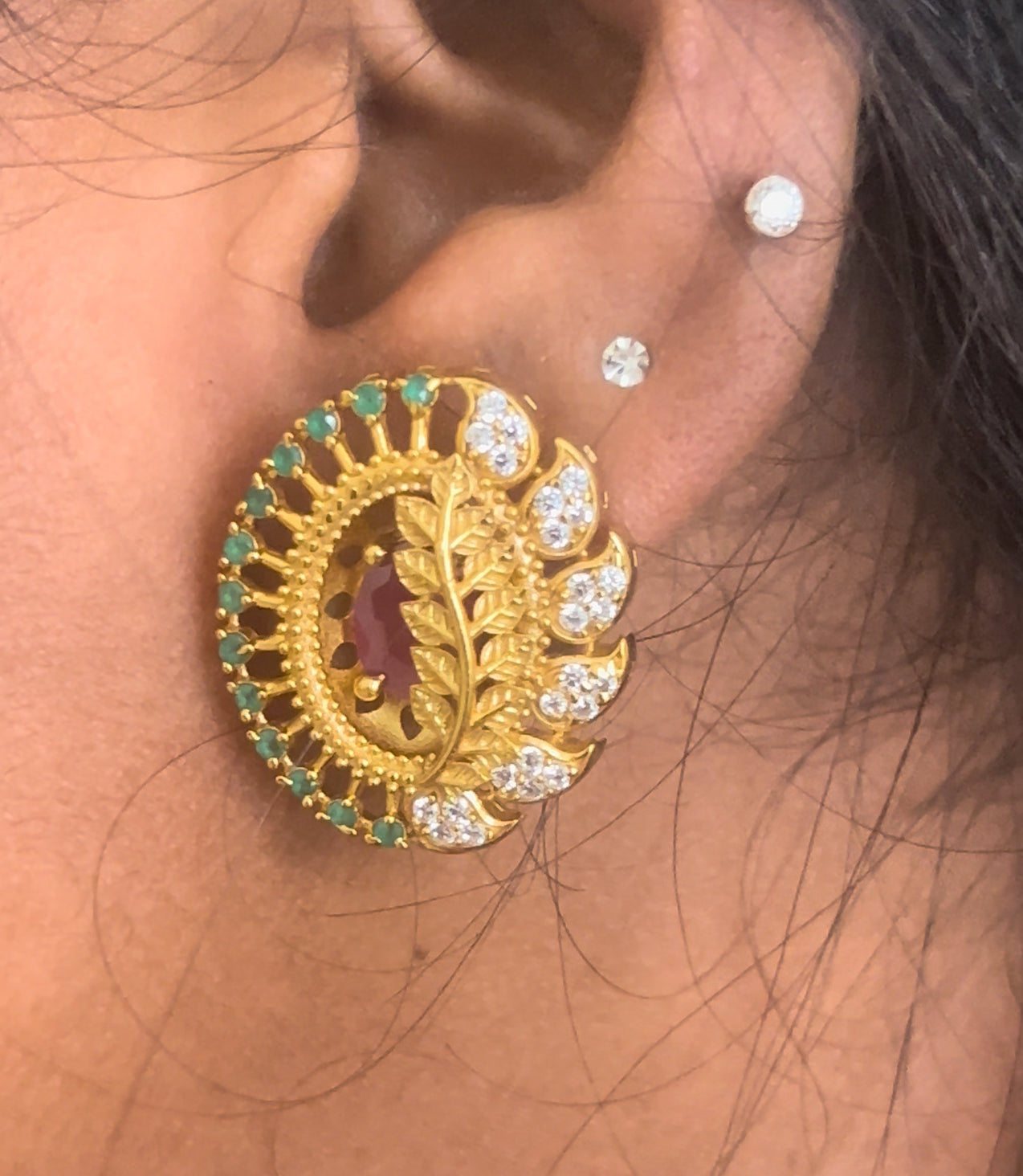 Antique Leaf Stud Earrings – Gold-Plated Ethnic Earrings with Ruby Center & Green Crystal Accents for Women